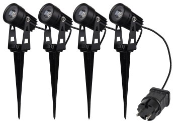 Gartenstrahler Set mit 4 Spots, Netzteil, Erdspieß, 3000k, IP44 Gartenstrahler Set mit 4 Spots, Netzteil, Erdspieß, 3000k, IP44