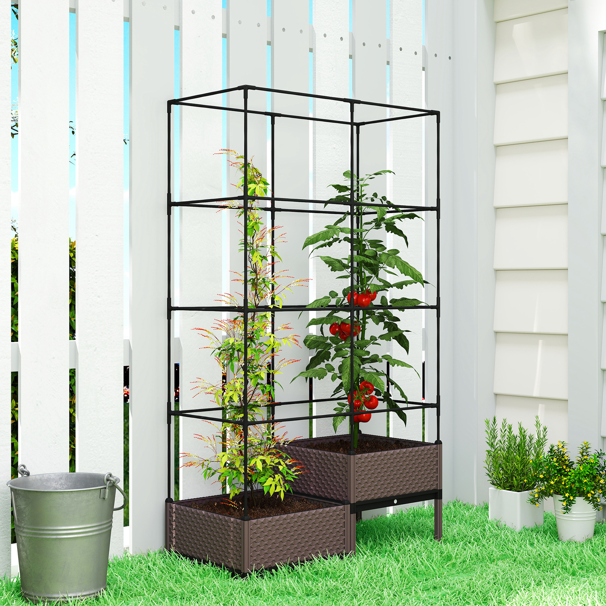 Hochbeet Pflanzkasten mit Rankgitter, Abflusslöchern, Pflanzkübel aus Kunststoff 100 x 50 x 174 cm