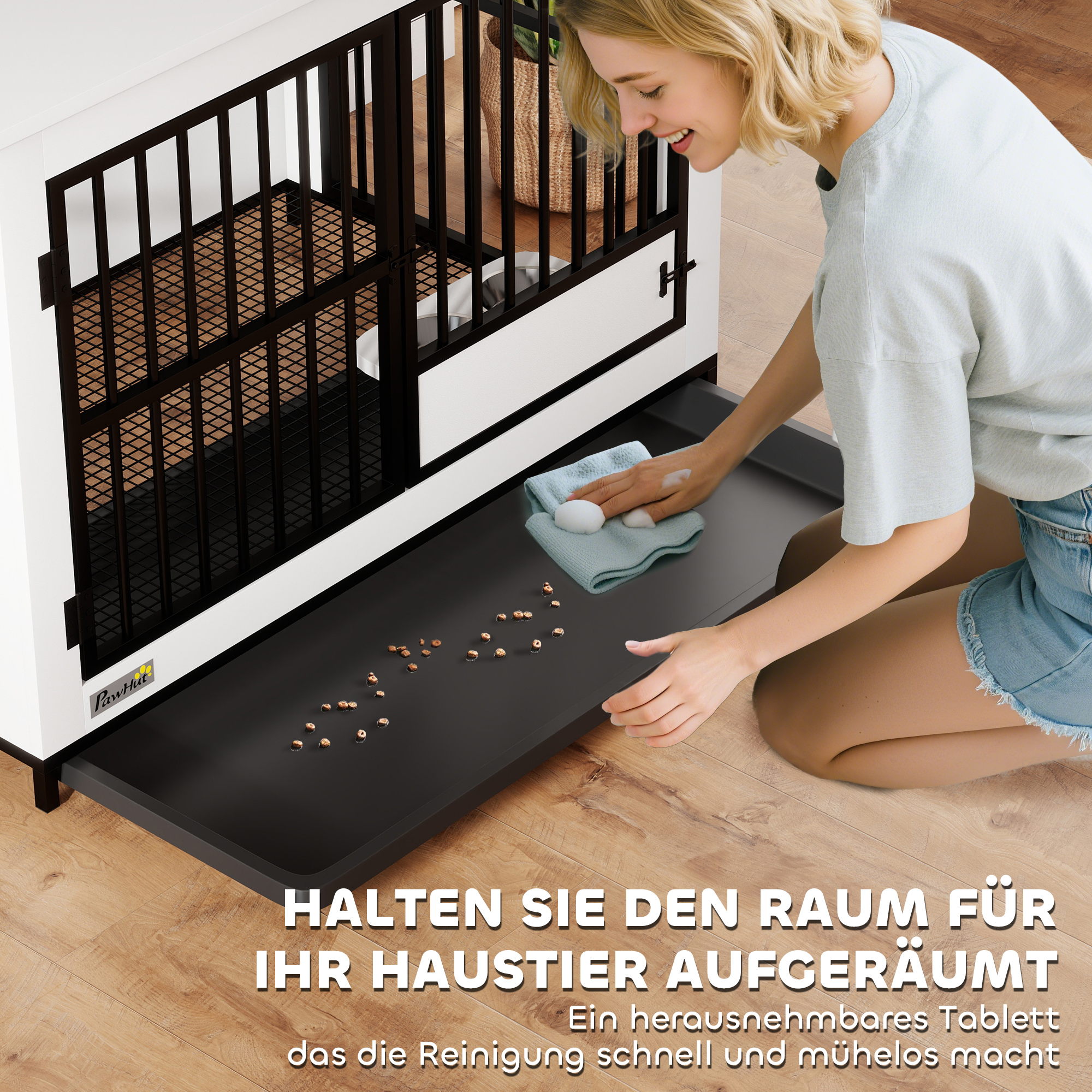 Große Hundebox, einfacher Zugang, verschließbar, drehbarer Schüsselhalter, für kleine und große Hunde, Weiß