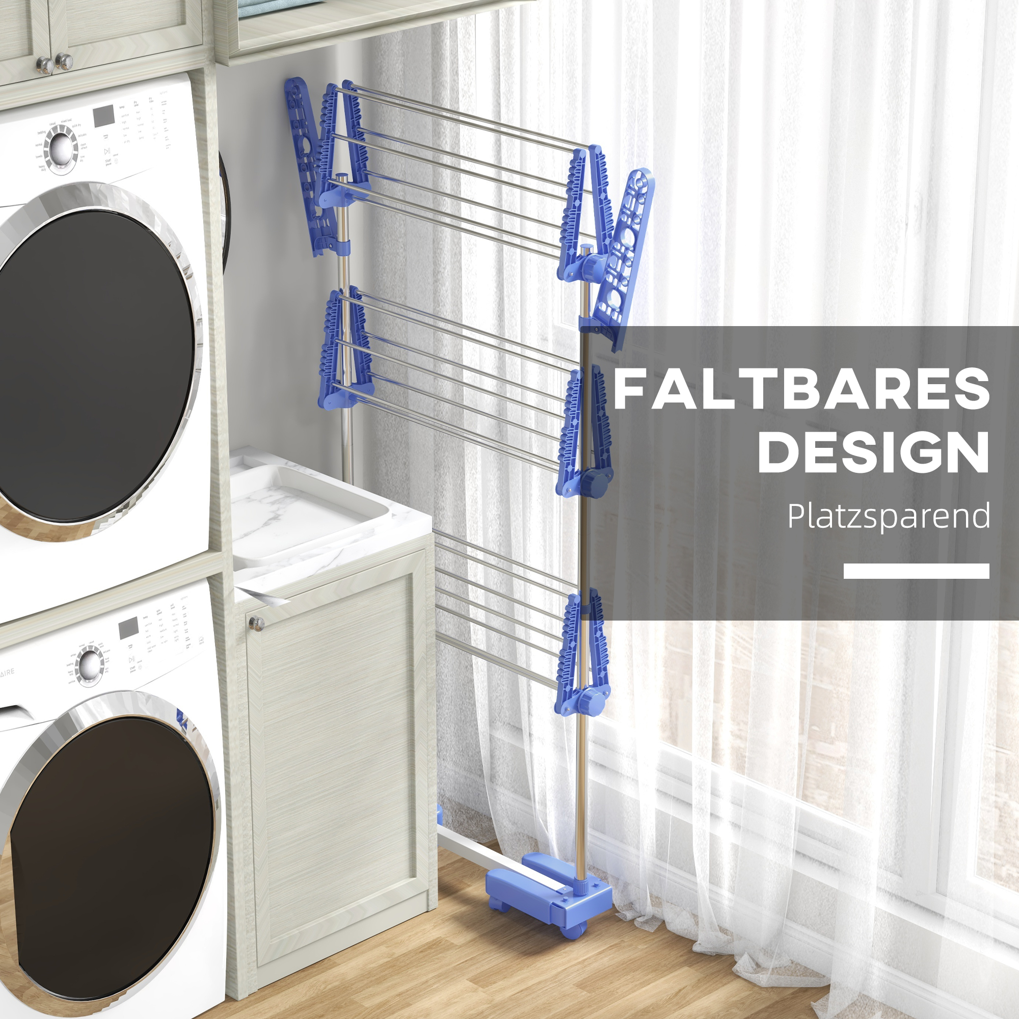 Wäschenständer Wäschetrockner, 4 Ebenen, klappbar, One-Klick-System, 142 cm x 55 cm x 152 cm Blau + Silber