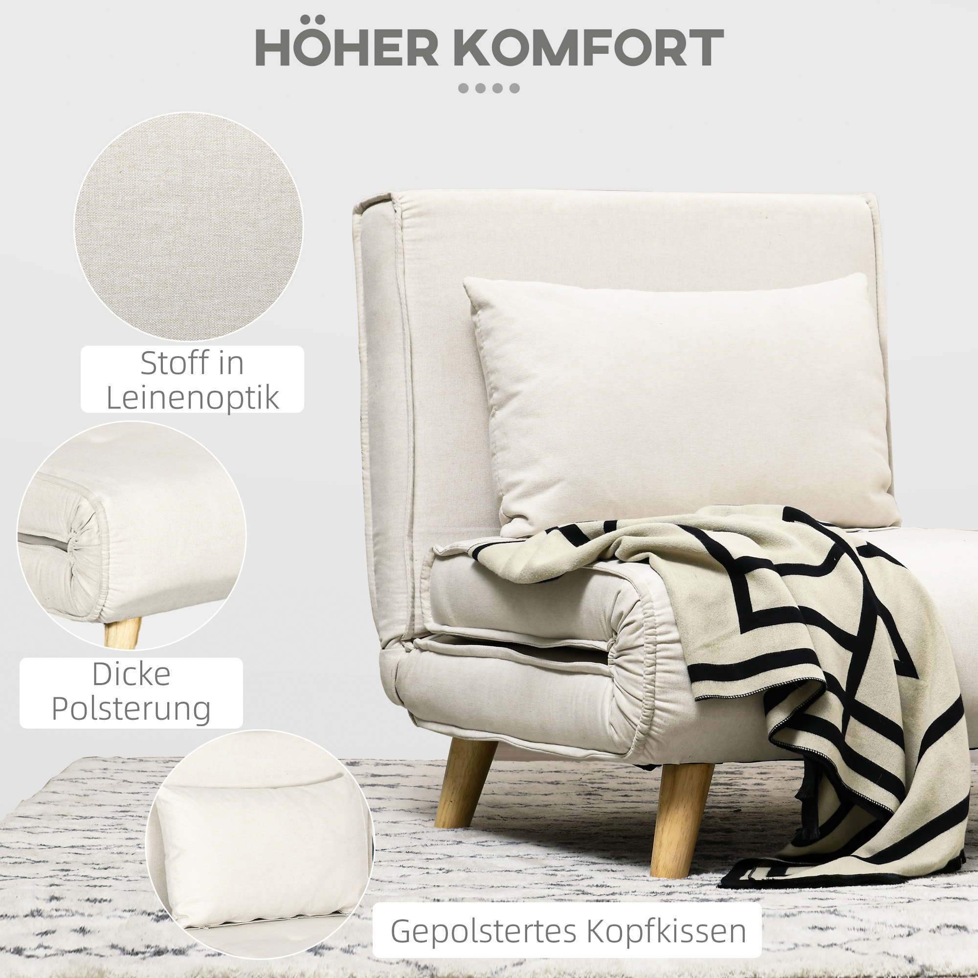 Schlafsessel, 6-stufig verstellbare Lehne, Leinenoptik, bis 120 kg, Creme