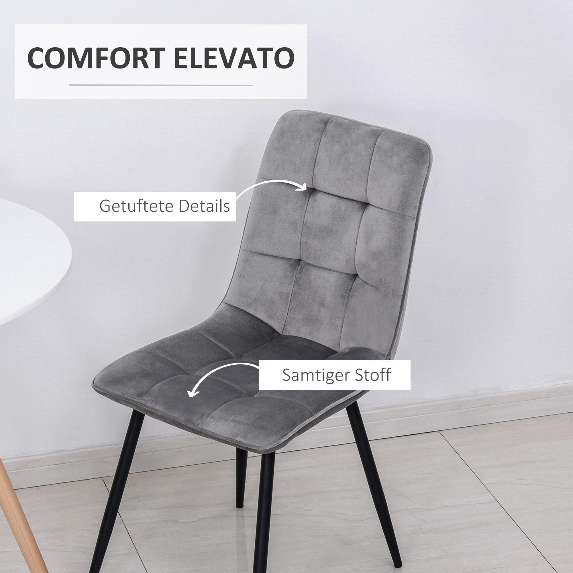 2er-Set Esszimmerstuhl Polsterstuhl Küchenstuhl mit Samt-Optik Esstisch Samt Metall Grau+Schwarz 45 x 63 x 90 cm