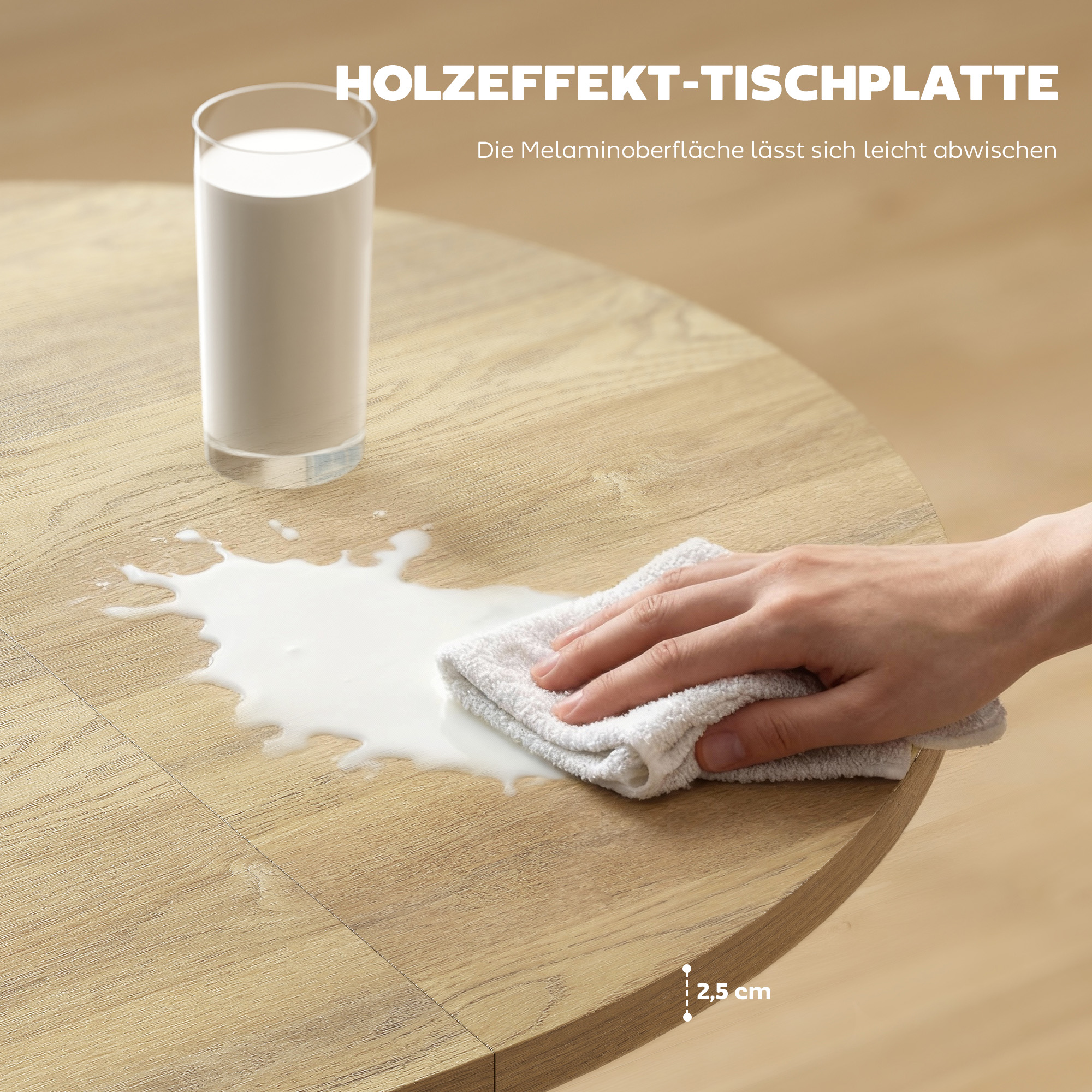 Ausziehbarer runder Esstisch für 4-6 Personen, 100-135 cm, Küchentisch mit X-förmigem Stahlsockel, Naturholz, Schwarz