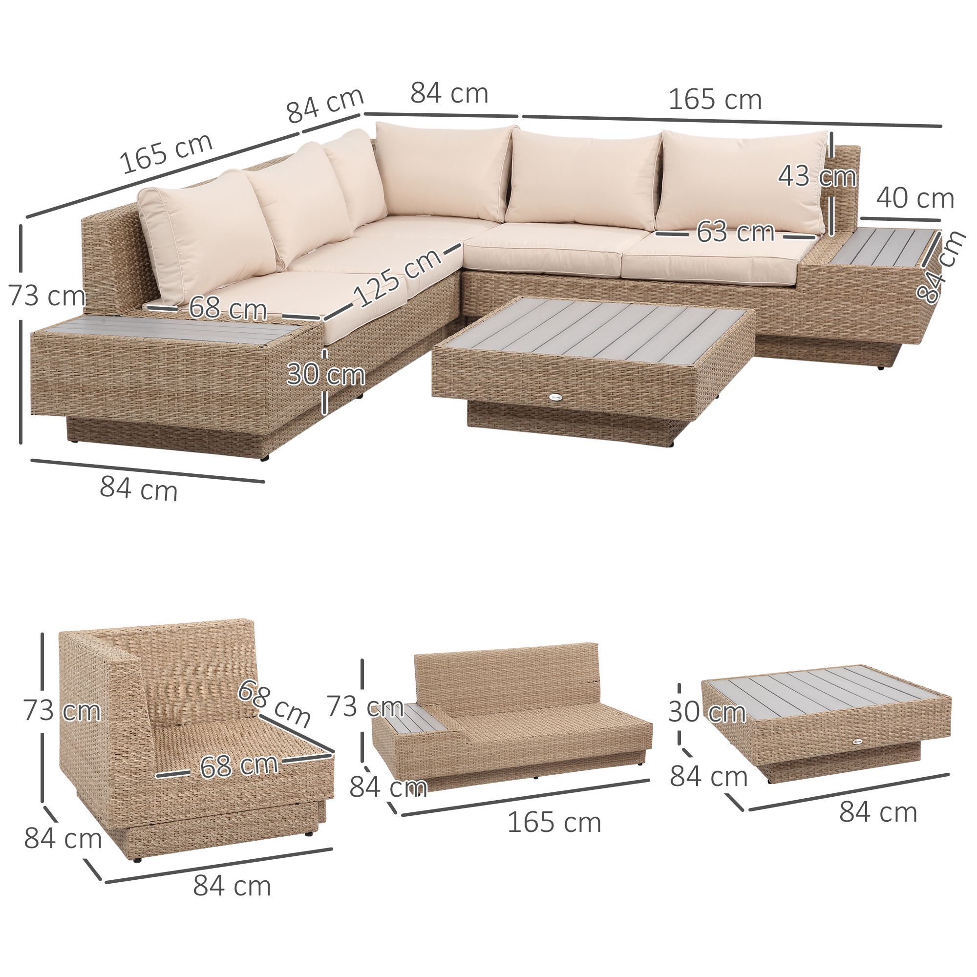 4-tlg, Luxus Polyrattan Gartengarnitur Gartenmöbel Garten-Set Sitzgruppe Loungeset Loungemöbel inkl, Ablagen und Beistelltisch Sitzkissen Braun
