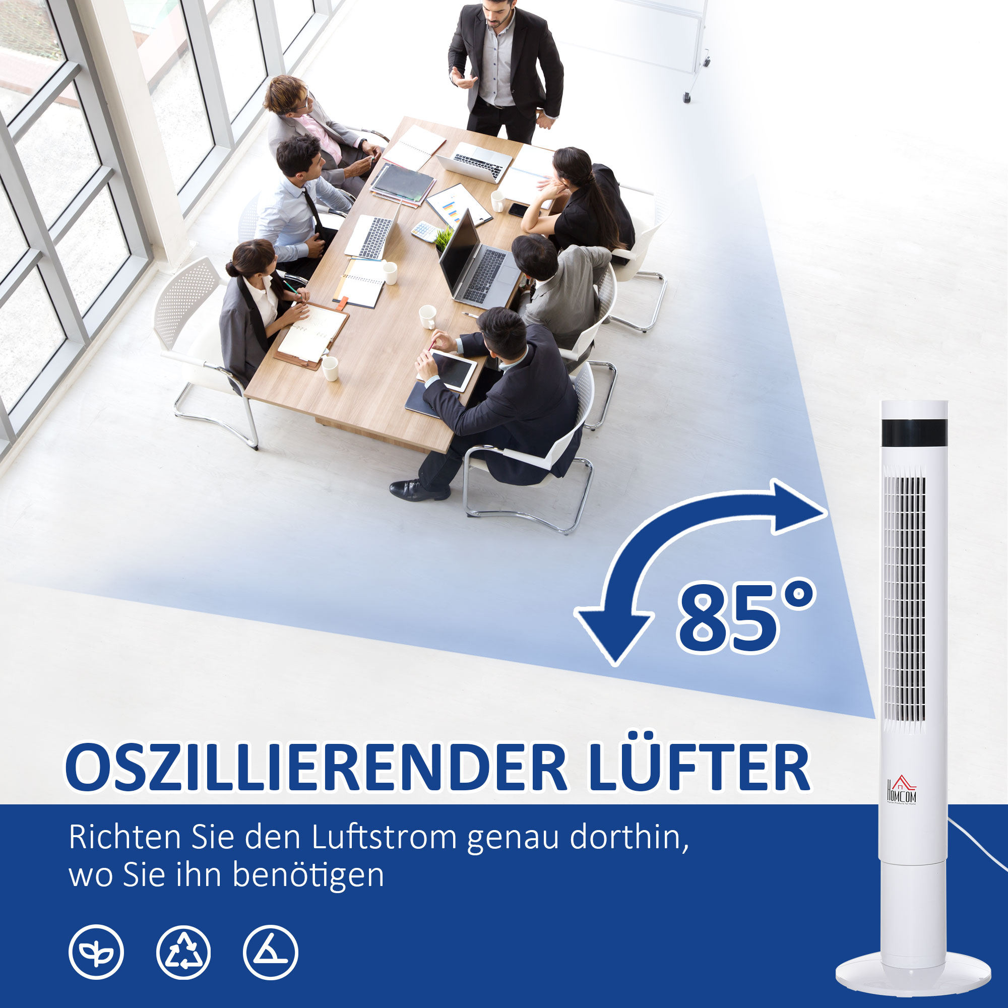 Turmventilator, Standventilator mit 3 Belüftungsstufen, Fernbedienung, 50W Ventilator mit 12H Timer, LCD-Anzeige, 85° Oszillation, für Schlafzimmer, Weiß