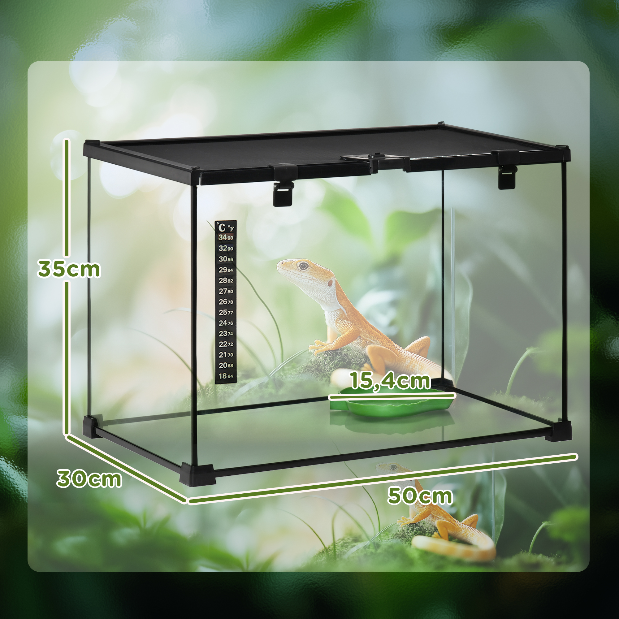 Terrarium für Reptilien Reptile Fütterungsbox Glasterrarium Amphibien Spinnentiere mit Thermometer Reptilienzuchtbox Metall Schwarz 50 x 30 x 35 cm