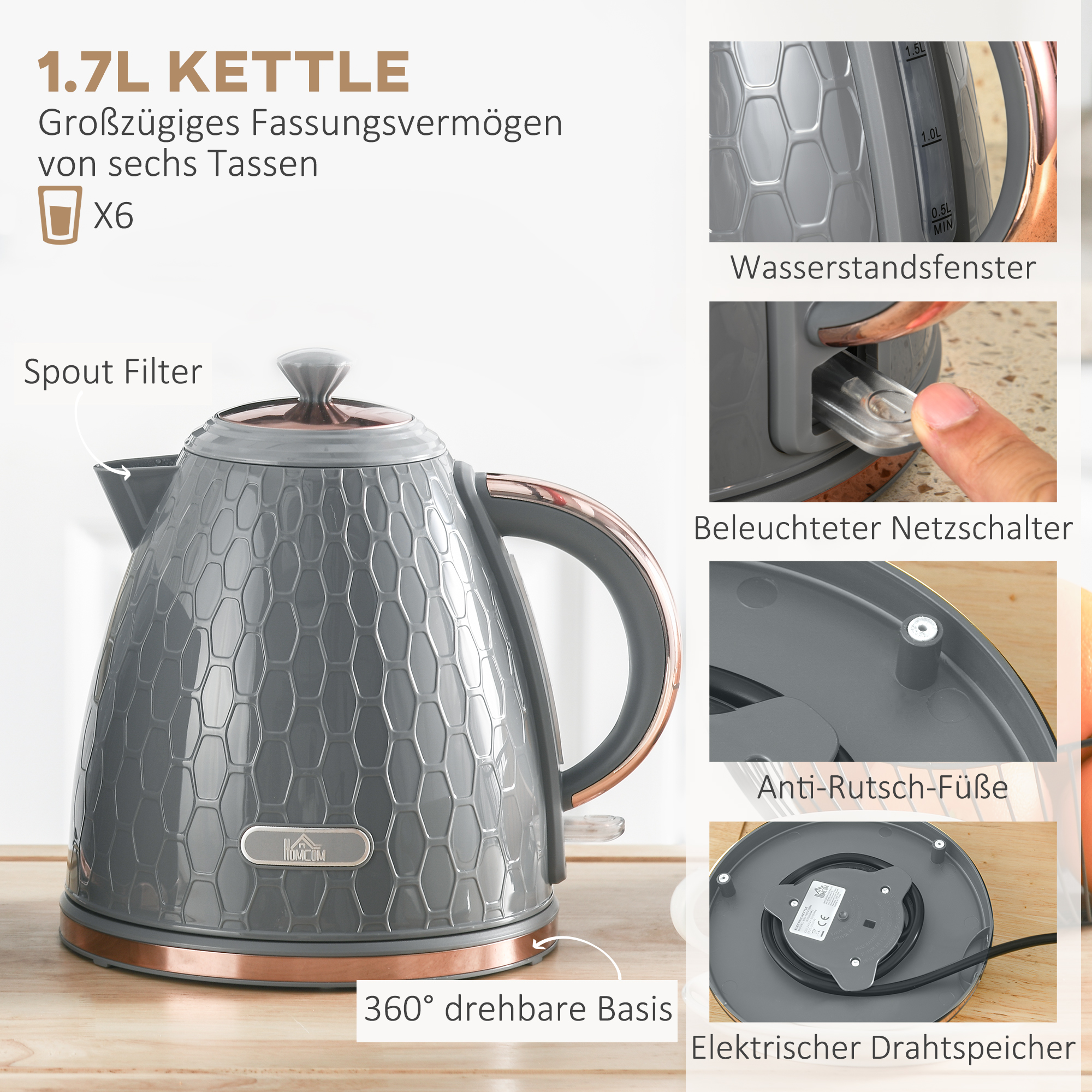 2-in-1 Küchenset, Toaster und Wasserkocher, mehrere Optionen, 1,7 L, 4 Toastscheiben gleichzeitig, Kunststoff, Grau