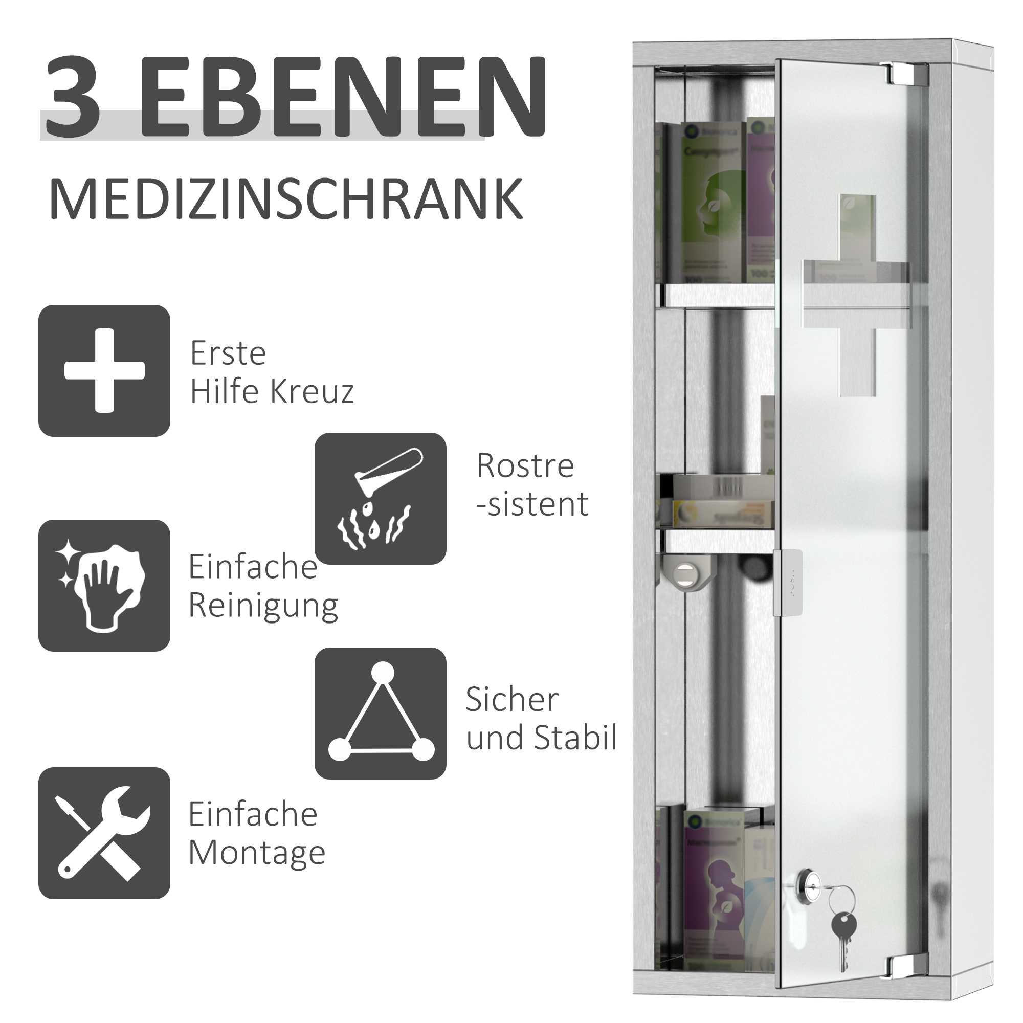 Medizinschrank aus Edelstahl und gehärtete Glastür Arzneischrank zur Medikamenten-Aufbewahrung, Abschließbar Medikamentenschrank mit 3 Fächern, Erste Hilfe Schrank, 20 x 12 x 58 cm, Silber