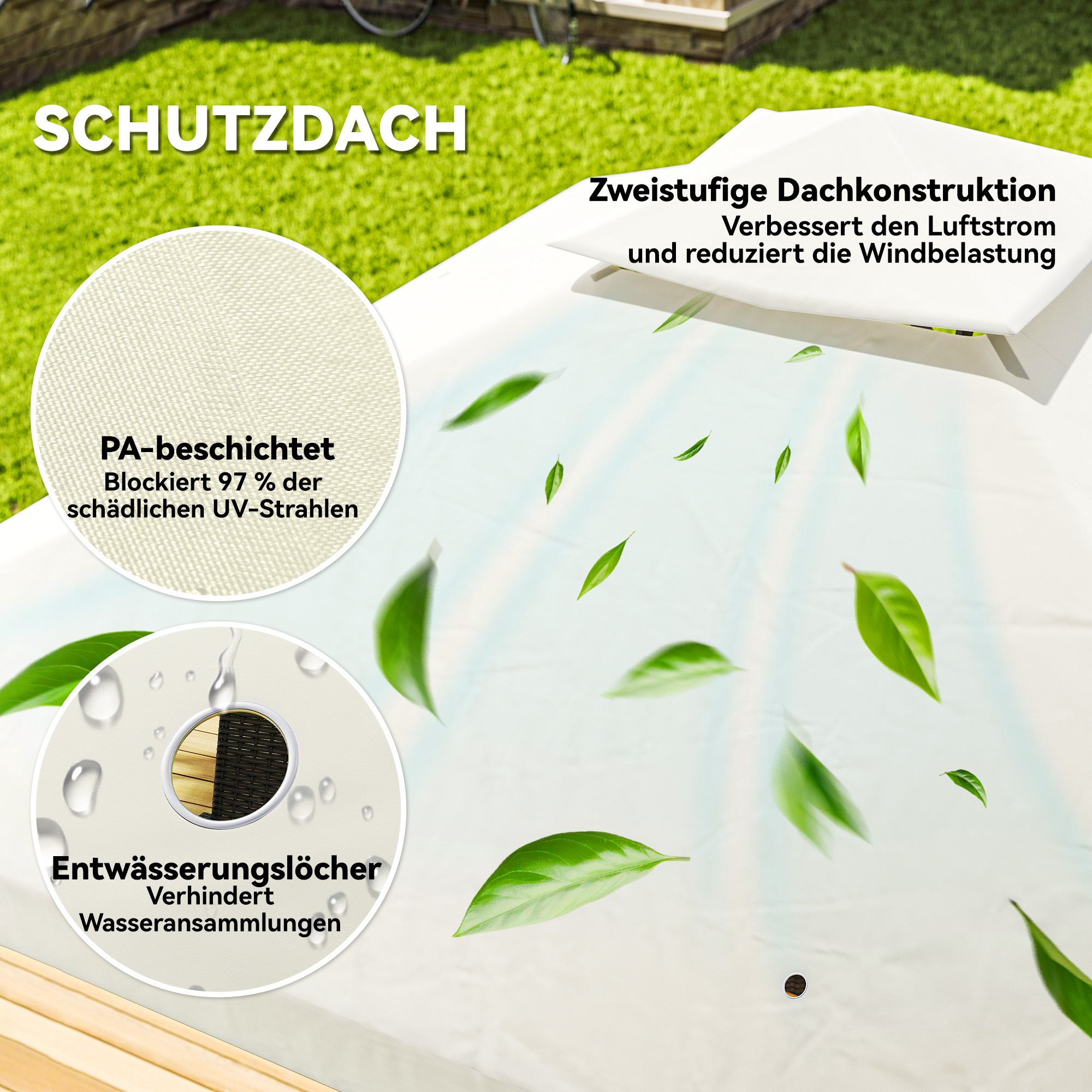 3 x 3 m Garten-Pavillon, 2-Stufen-Dach-Design, UV30+ Schutz, UV-beständig, Sonnenschutz, Metallrahmen, Cremeweiß