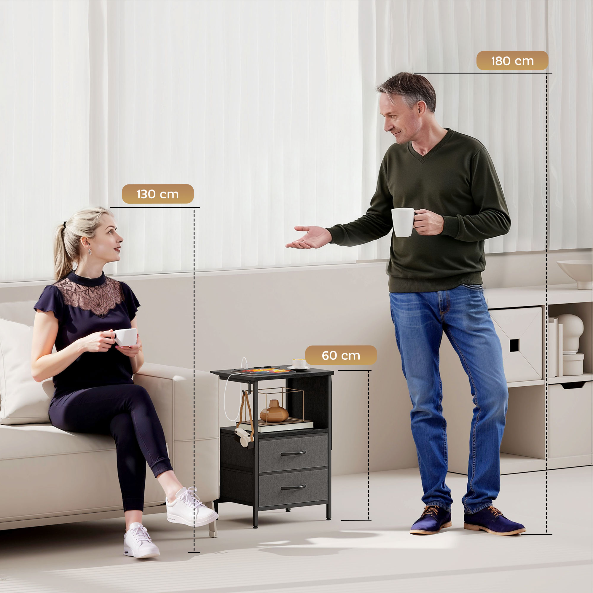 Couchtisch Beistelltisch mit Ladestation, Stahlrahmen, USB-C-Anschlüssen, Schubladen, Haken, 40cm x 30cm x 60cm Schwarz