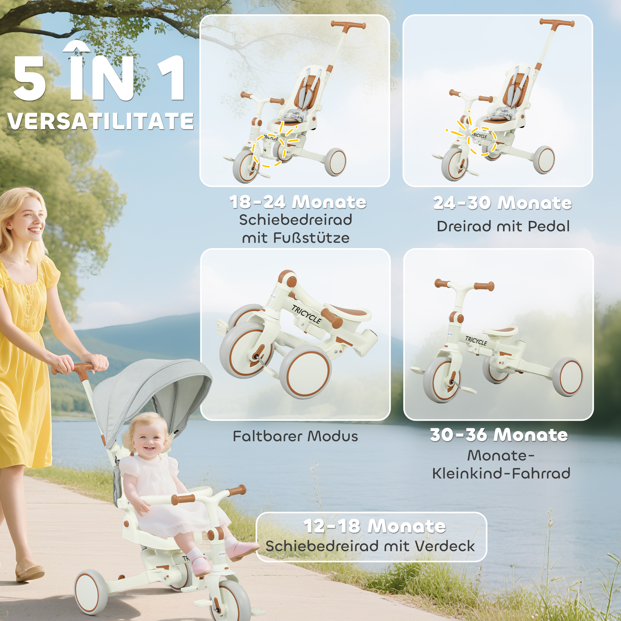 Kinder-Dreirad, wandelbarer Baby-Buggy, 5-in-1 Design, abnehmbarer Schiebegriff, verstellbar, Sicherheitsgurt, Aufbewahrungstasche, 1-3 Jahre, Cremeweiß