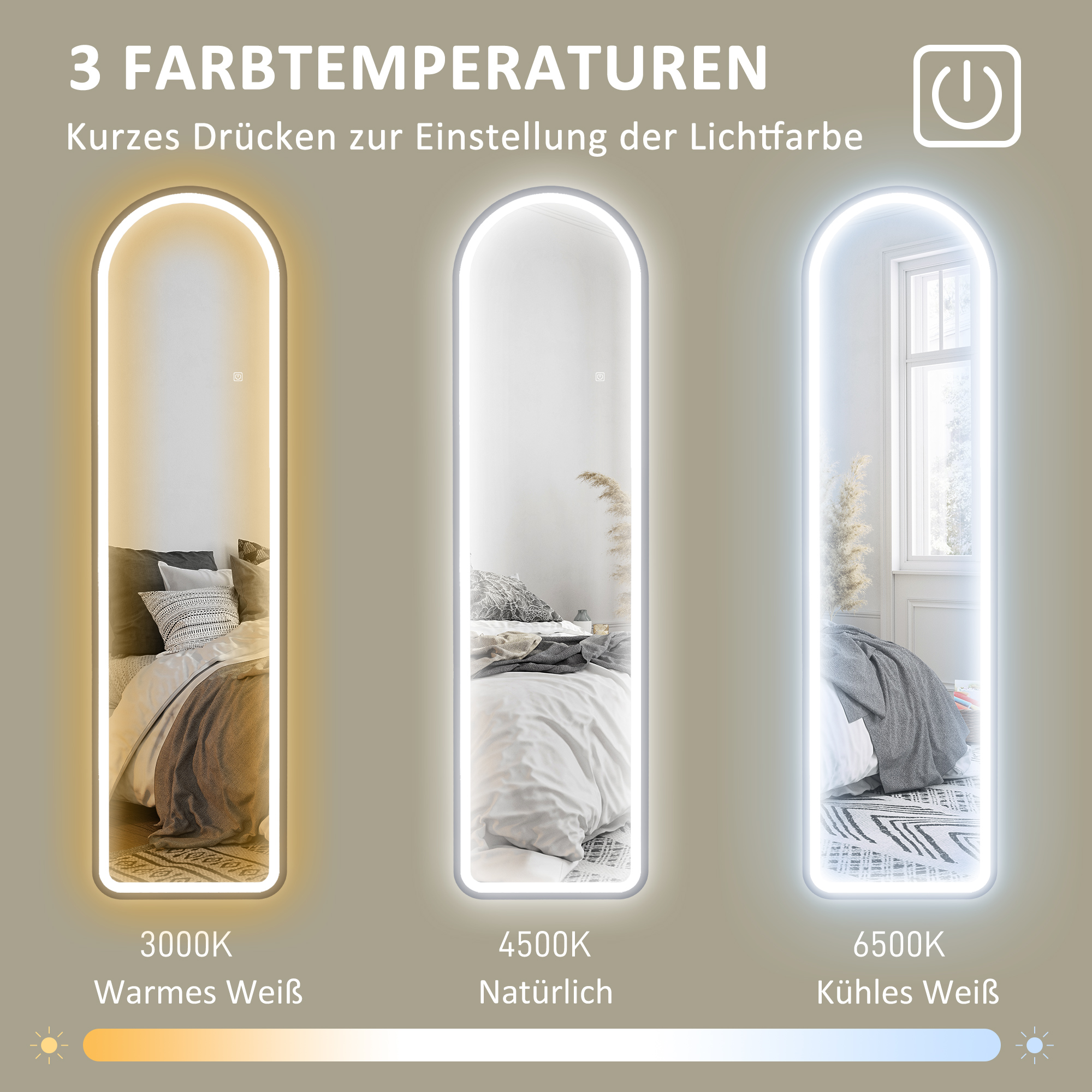 Ganzkörperspiegel, 150 x 40 cm, Freistehender Spiegel mit dimmbaren LED-Lichtern für Wohnzimmer, Schlafzimmer