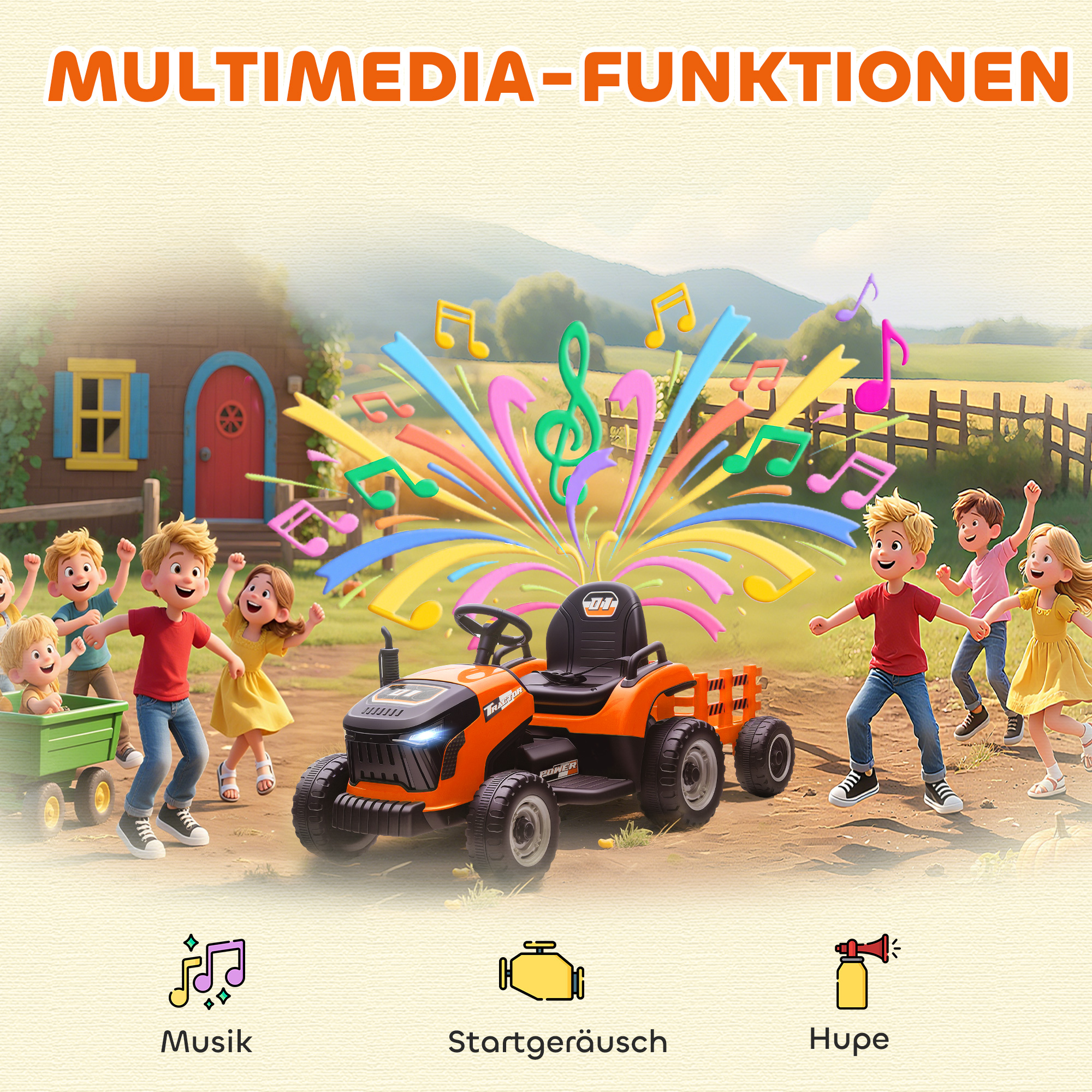 Elektrischer Kindertraktor, Aufsitz-Traktor mit Fernbedienung, Soft-Start, für Kinder im Alter von 3-8 Jahren, Orange