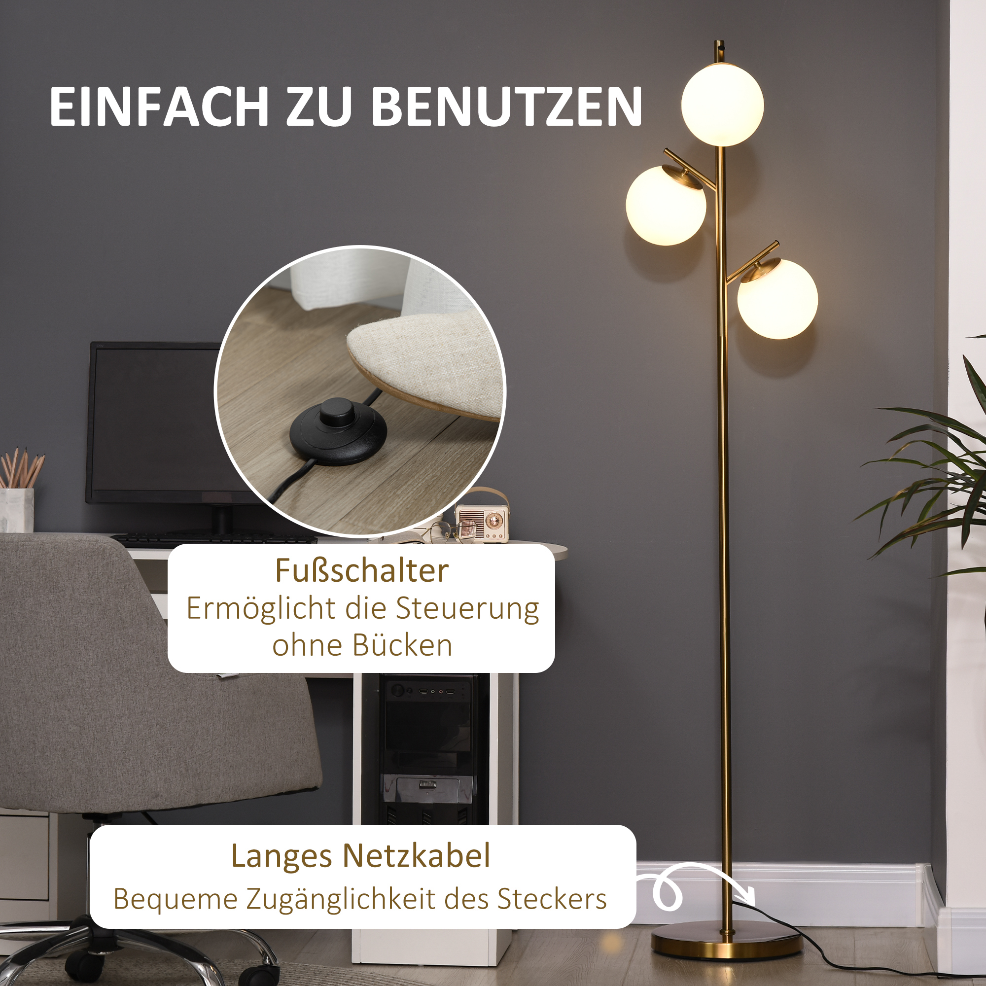 Stehleuchte im Retro-Design, Stehlampe, Stehlampe mit 3 Lampenschirmen, Glas, Gold