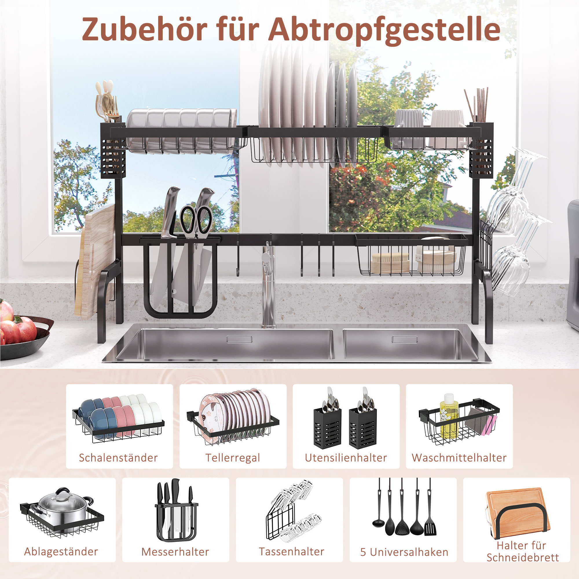 Abtropfgestell Geschirr, 2-stufiges Abtropfständer mit Haken, Tellerregal, Zubehör, 100 cm Stahl, Schwarz