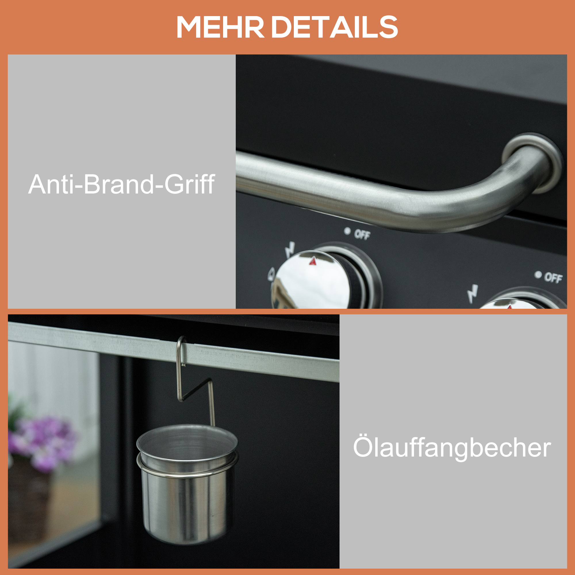 Gasgrill BBQ mit 3 Brennern je 3 kw mobiler Grillwagen mit 4 Rädern Grillnetz Seitentischen Druckminderer Schläuche Schrank Multifunktion Metall Schwarz 132,4cm x 55cm x 109cm