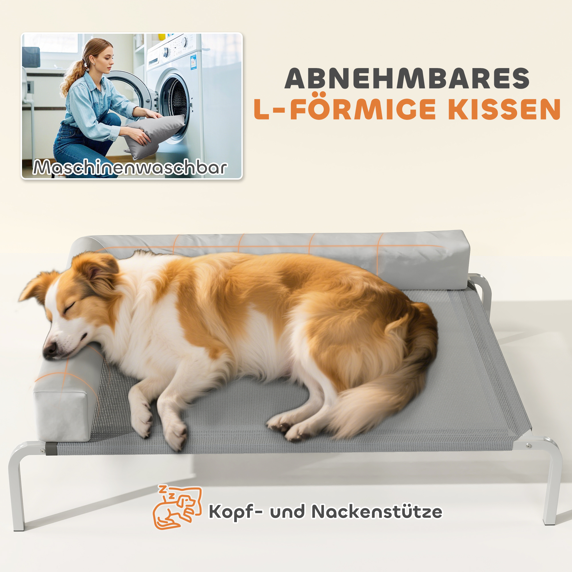 Hundeliege Outdoor, erhöhtes Hundebett für Mittelgroße Hunde, mit L-förmige Kissen 110x75x30cm, Hellgrau