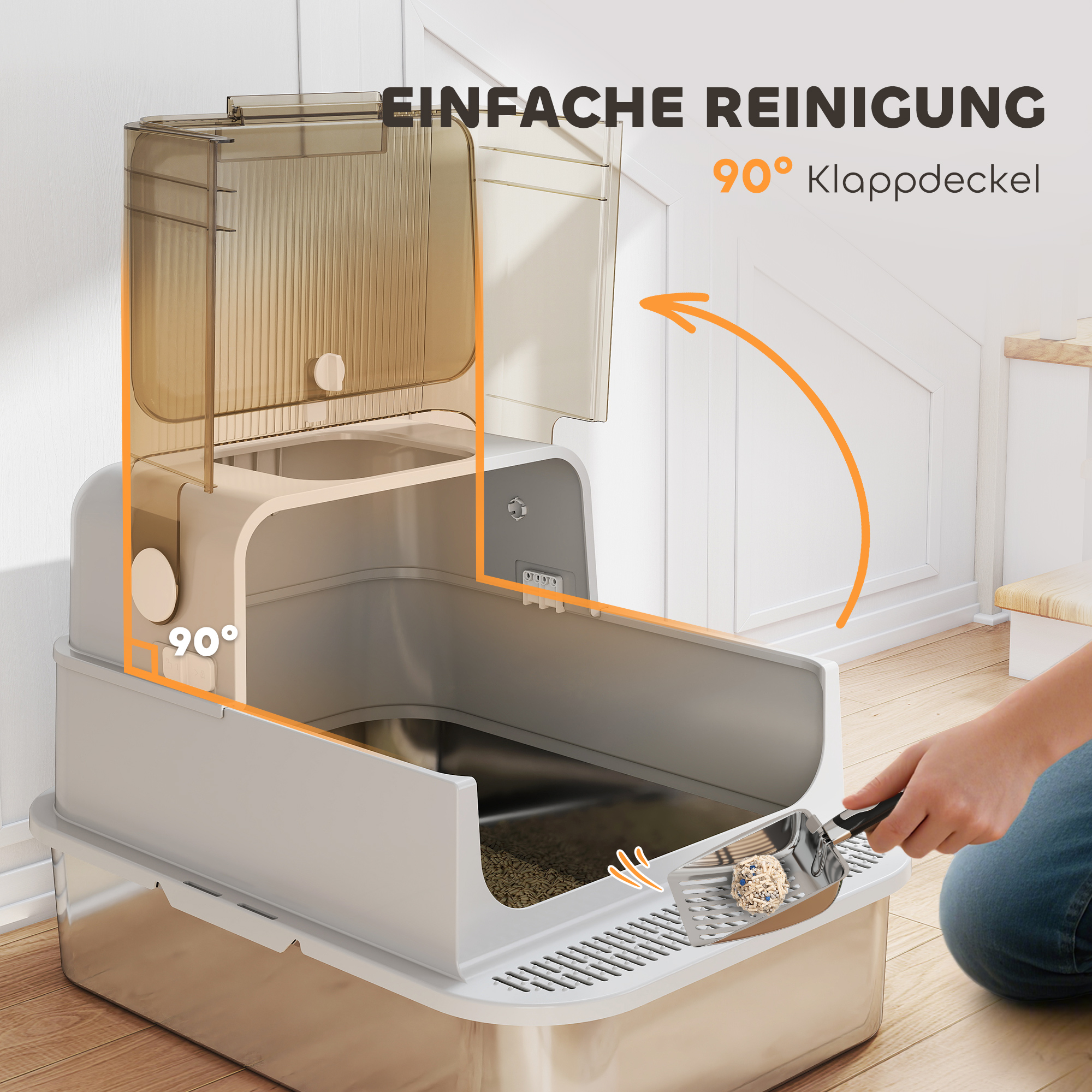 XXL Edelstahl-Katzentoilette mit Klappdeckel, Katzenklo mit Schaufel, für große Katzen bis zu 12 kg, leicht zu reinigen