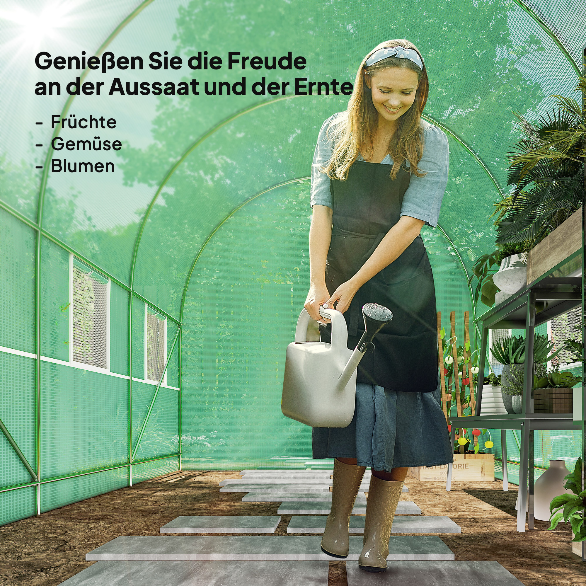 Gewächshaus 350x200x200cm Foliengewächshaus Tomatenhaus mit Tür, 6 Fenster, Folientunnel aus verzinktem Stahl, PE, stabiles Treibhaus Pflanztunnel, inkl. Erdanker & Seilen, Grün