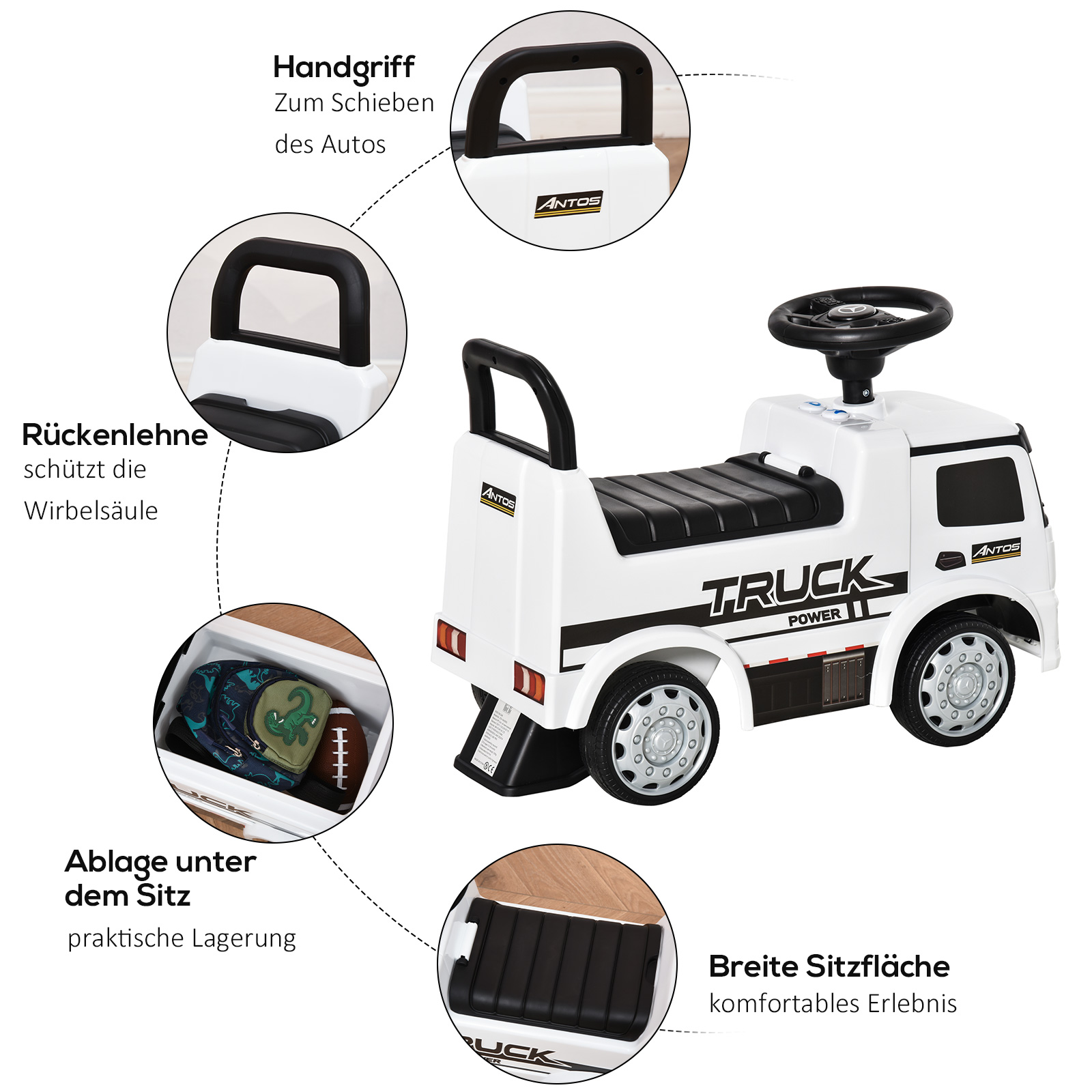 Rutscherfahrzeug Rutscherauto Babyrutscher Kinderfahrzeug lizenziert von Mercedes ANTOS-LKW-Stil mit Licht für Kinder von 12 bis 36 Monaten Metall PP-Kunststoff Weiß+Schwarz 62,5x28,5x45cm
