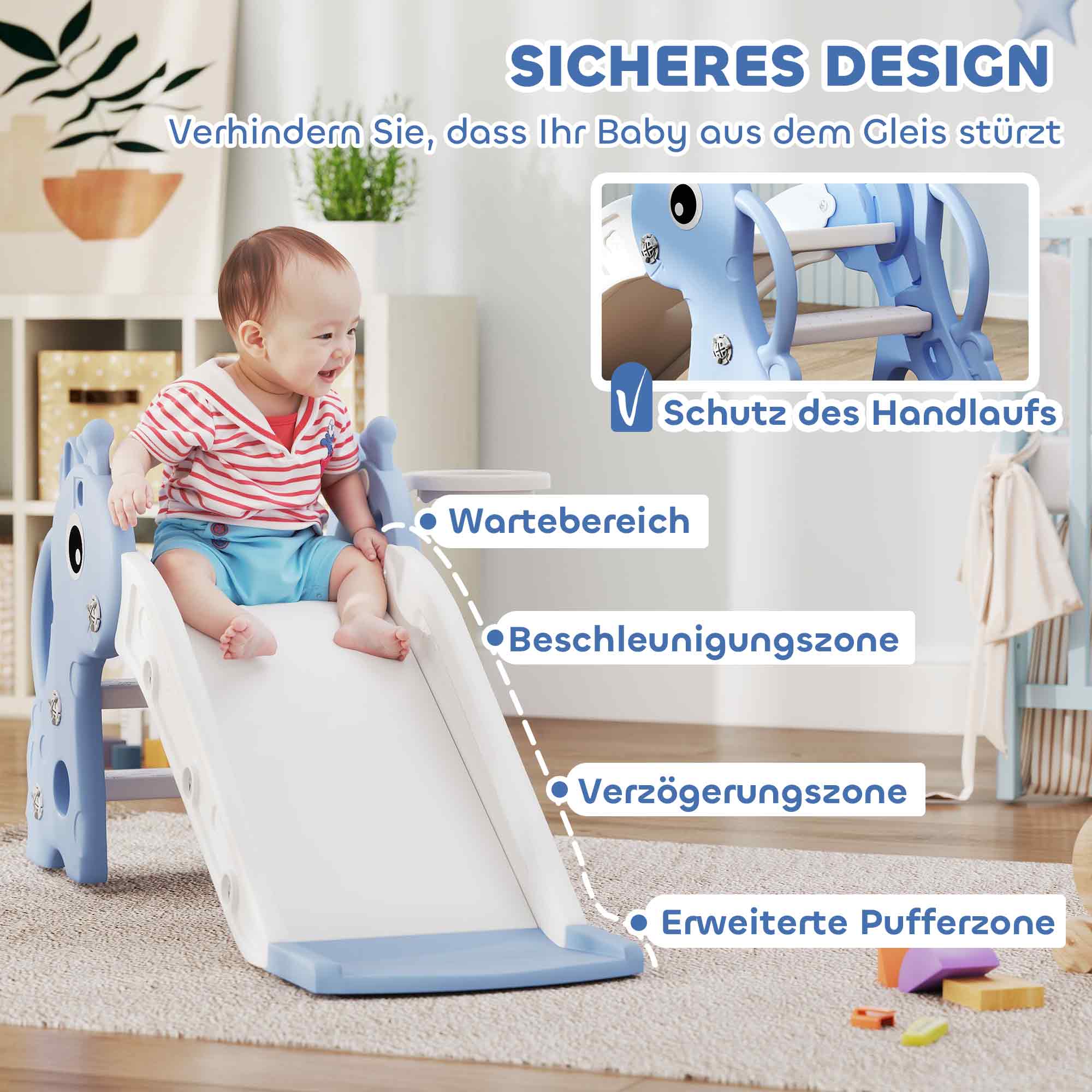 3-in-1 Rutsche für Kinder, Giraffenform, Basketballkorb, Ball, Blau