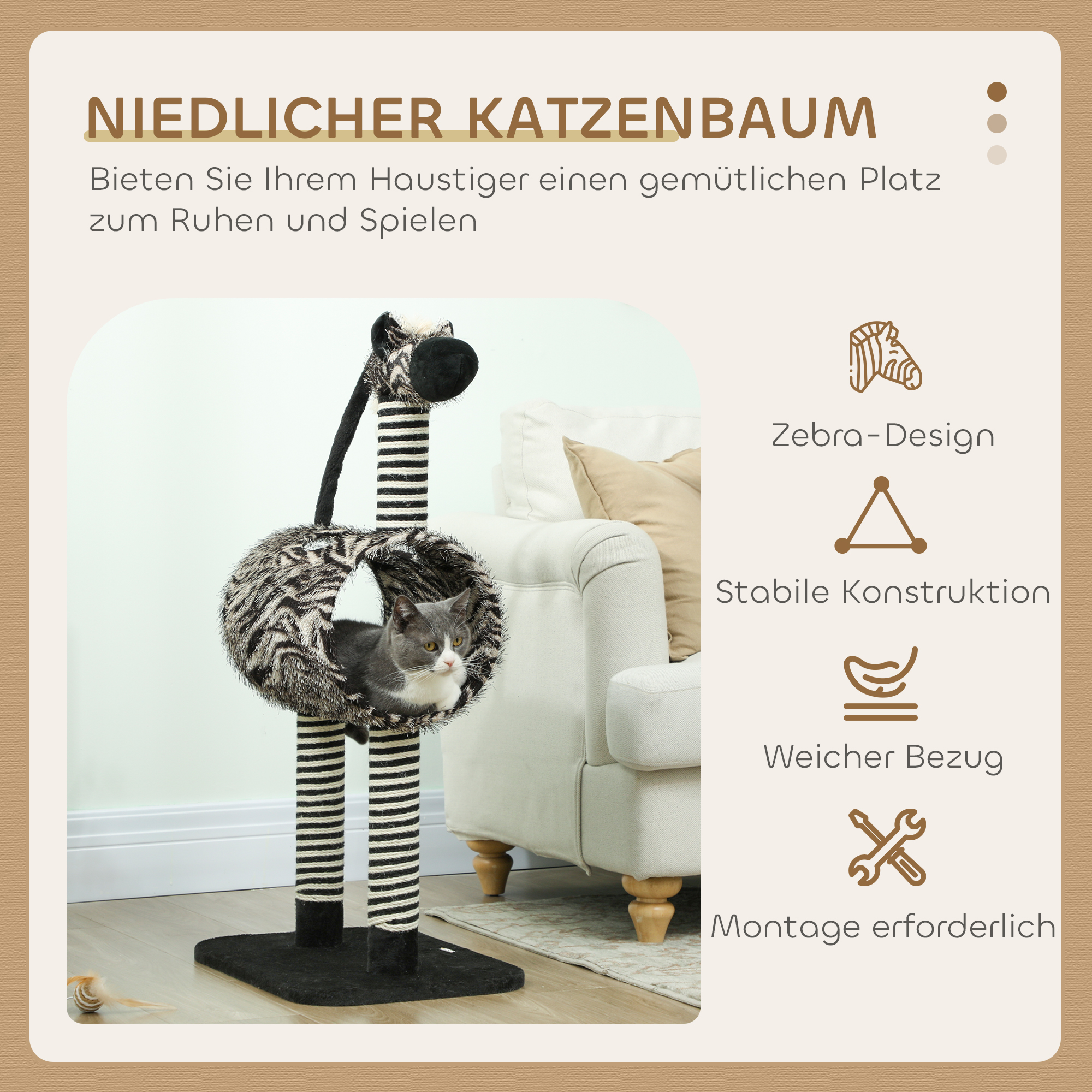 Kratzbaum im Zebra-Design, 1 Katzentunnel, 3 Kratzstämme 48,5 cm x 35 cm x 93 cm, Schwarz + Weiß