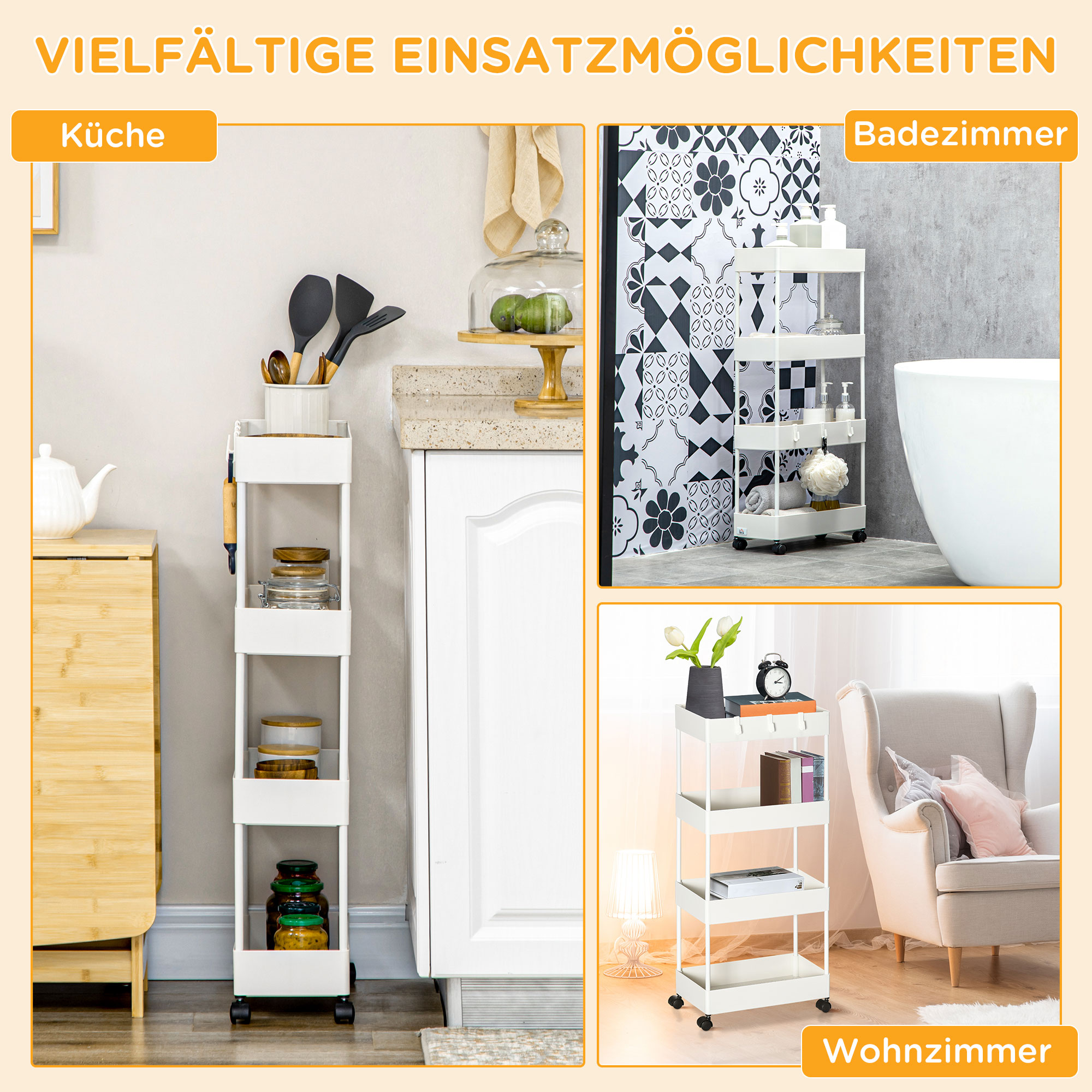 Küchenwagen mit 4 Regalen, 4 flexiblen Haken, 4 Rollen, 40 cm x 19 cm x 90 cm, Nischenwagen, Weiß