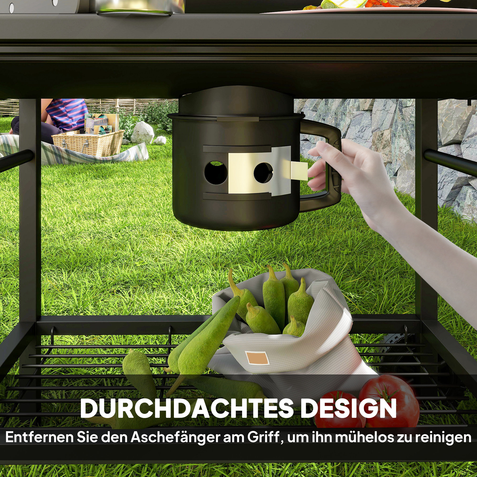 Holzkohlegrill aus Stahl BBQ Smoker mit Deckel Griffe Thermometer Räder fahrbar 114 x 65 x 95 cm