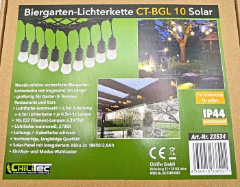 Biergarten-Lichterkette "CT-BGL 10Solar", 2m + 4,5m, 10x Filament Led Lampe, IP44