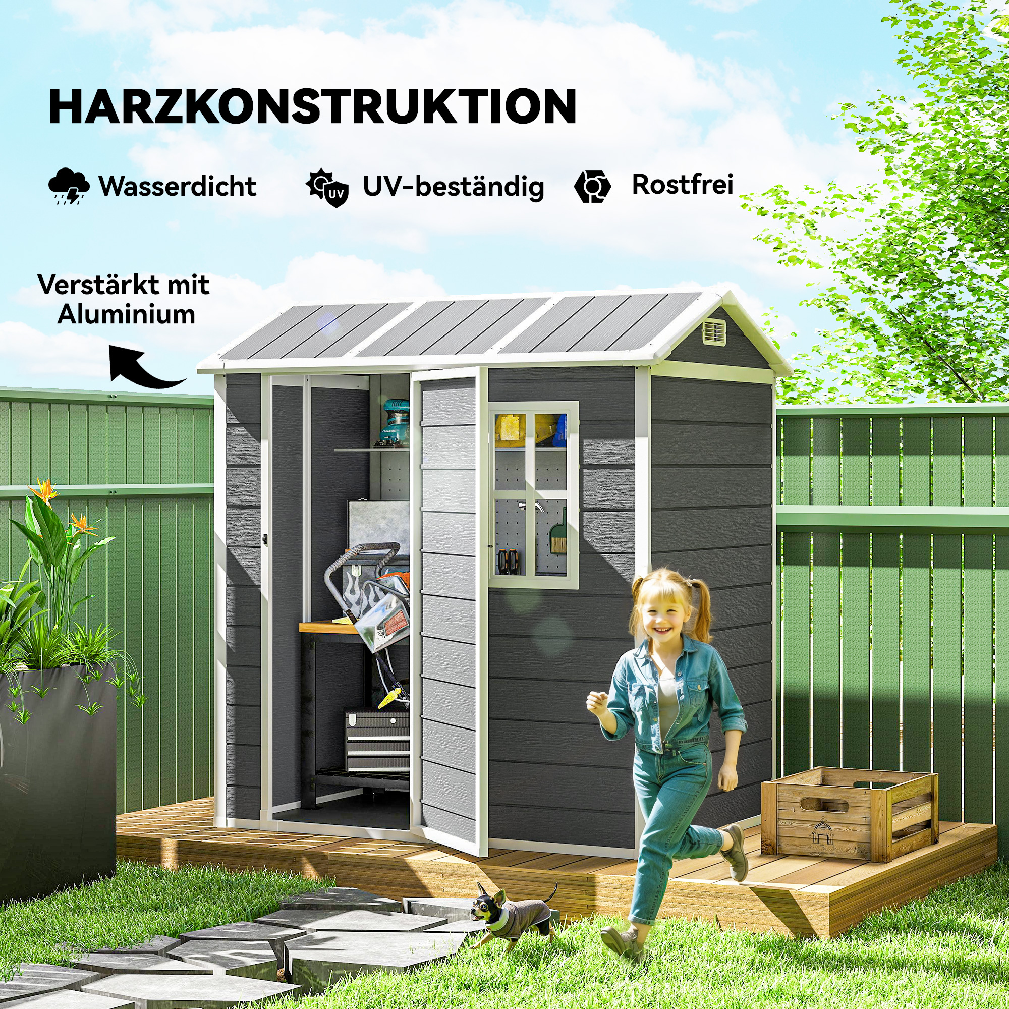 Gartenhaus, Gartenschuppen mit Boden, Fenster, verschließbarer Tür, Kunststoff-Harz, wetterfest, Grau