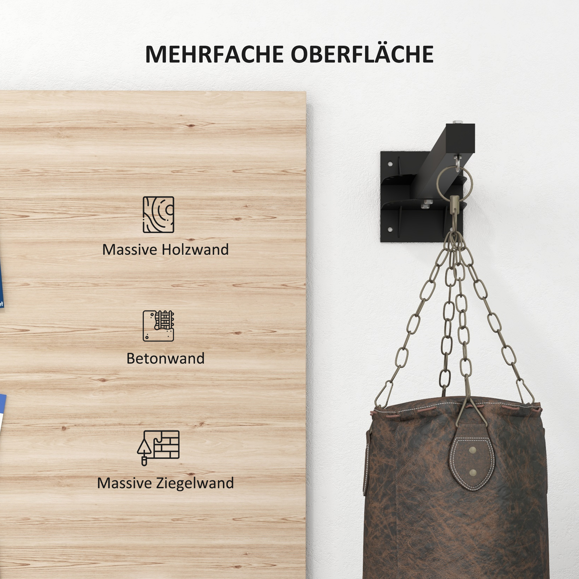 Boxsackhalterung, Wandmontage, 9 Winkel, Stahl, bis 100 kg, Schwarz