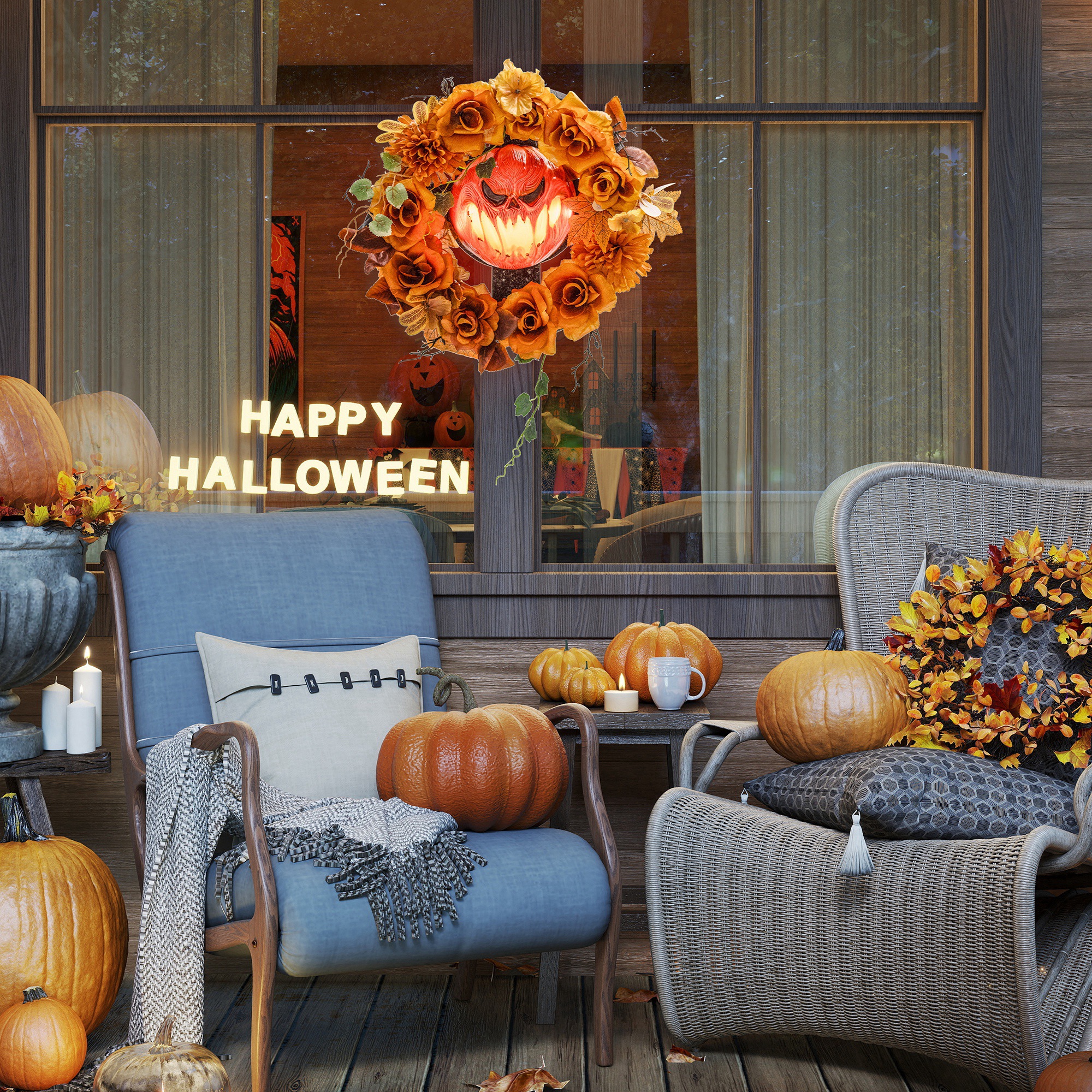 Halloween-Kranz, Grusel-Kürbis-Design, Herbstblätter, Lichteffekte, Kunststoff