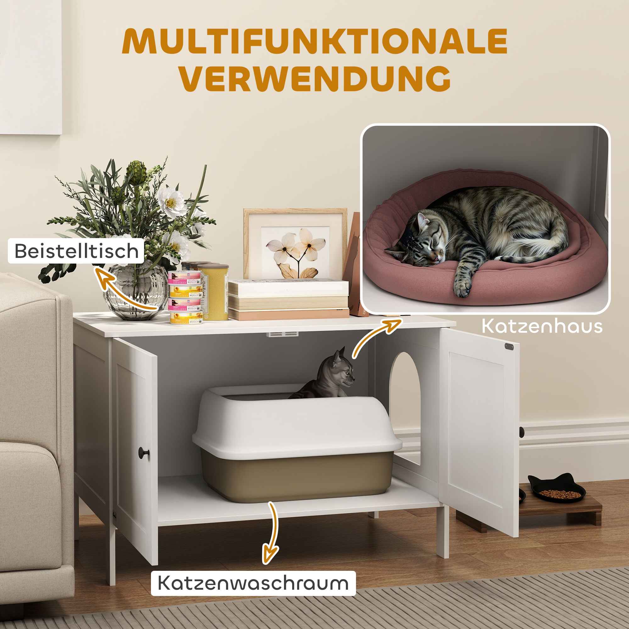 Katzenklo-Schrank Katzenhaus mit Tür Trennwand Katzentoilette für große Katzen 80 x 51 x 54 cm Weiß