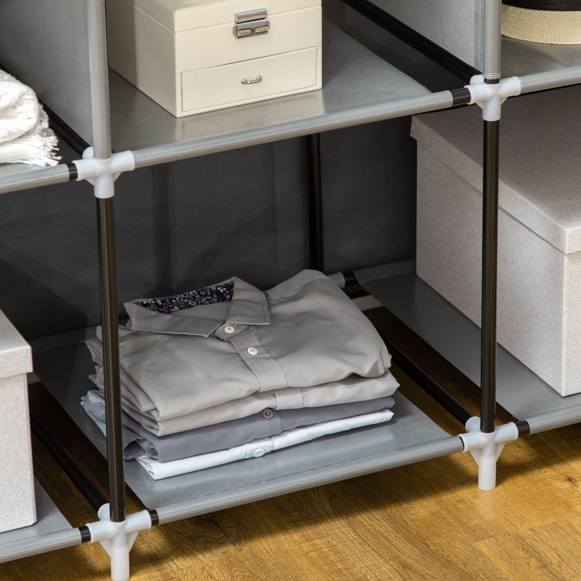 Schrank aus Stoff, Aufbewahrungslösung, 8 Regale, 2 Kleiderstangen, Dunkelgrau