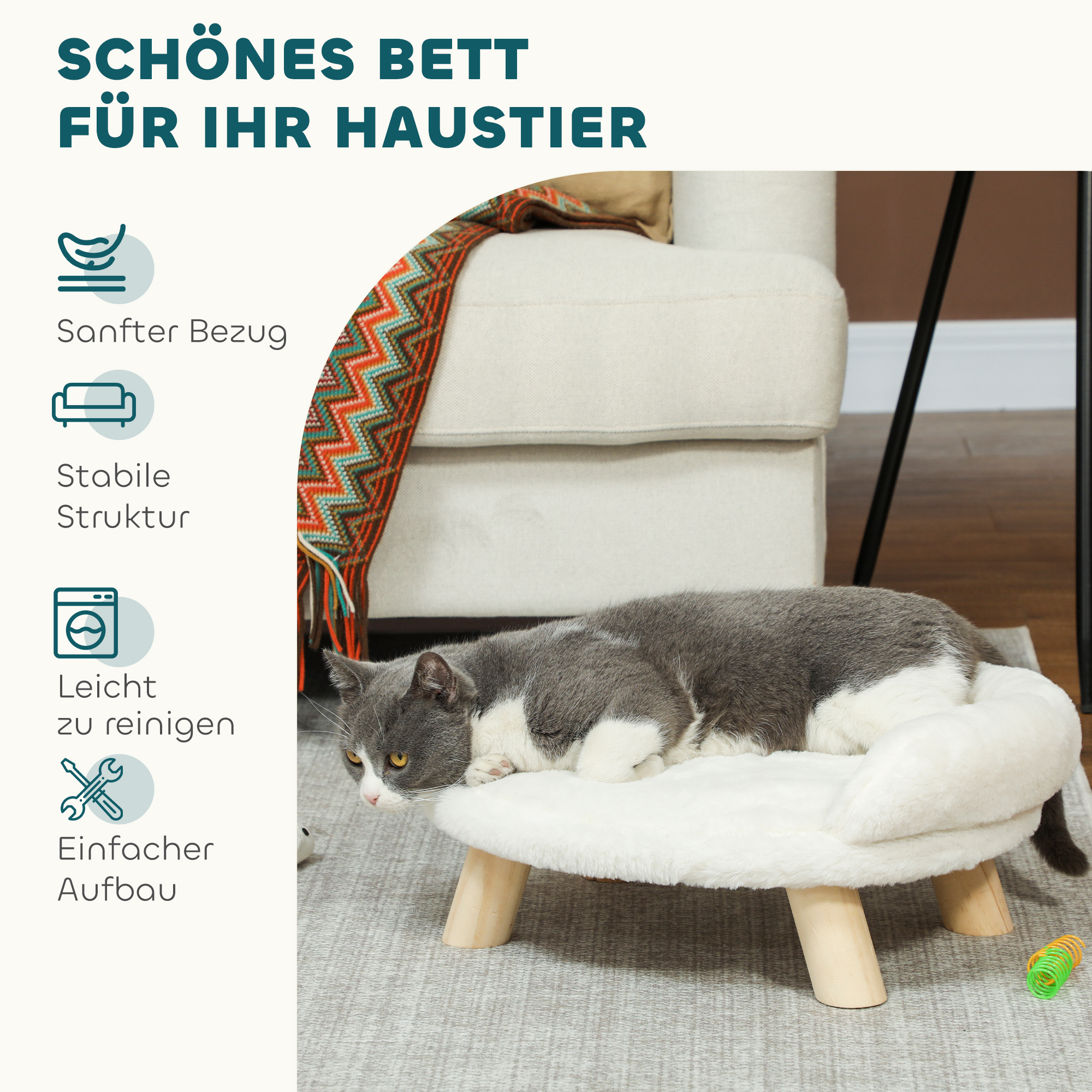 Haustierbett für Katzen und Hunde bis 5kg/30cm, waschbarer Plüschbezug, Cremeweiß, 47 x 40 x 20 cm