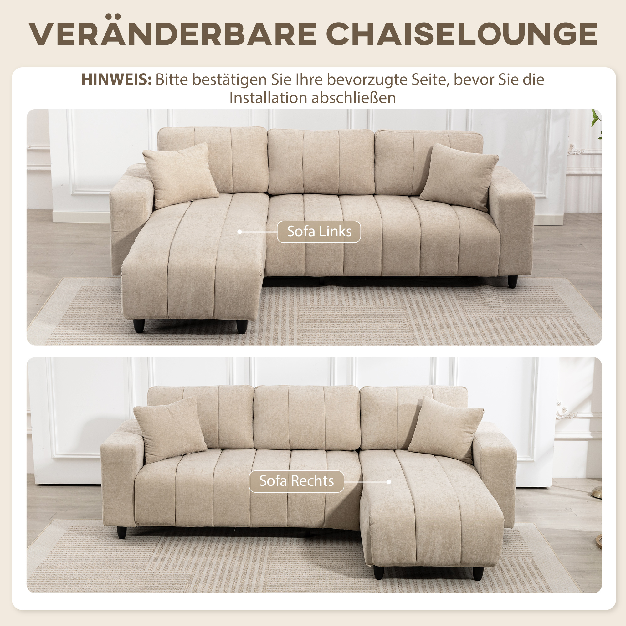 L-förmiges Ecksofa mit flexibler Chaiselongue, 3-Sitzer-Couch mit 2 Kissen, Metallrahmen, für Wohnzimmer, Beige