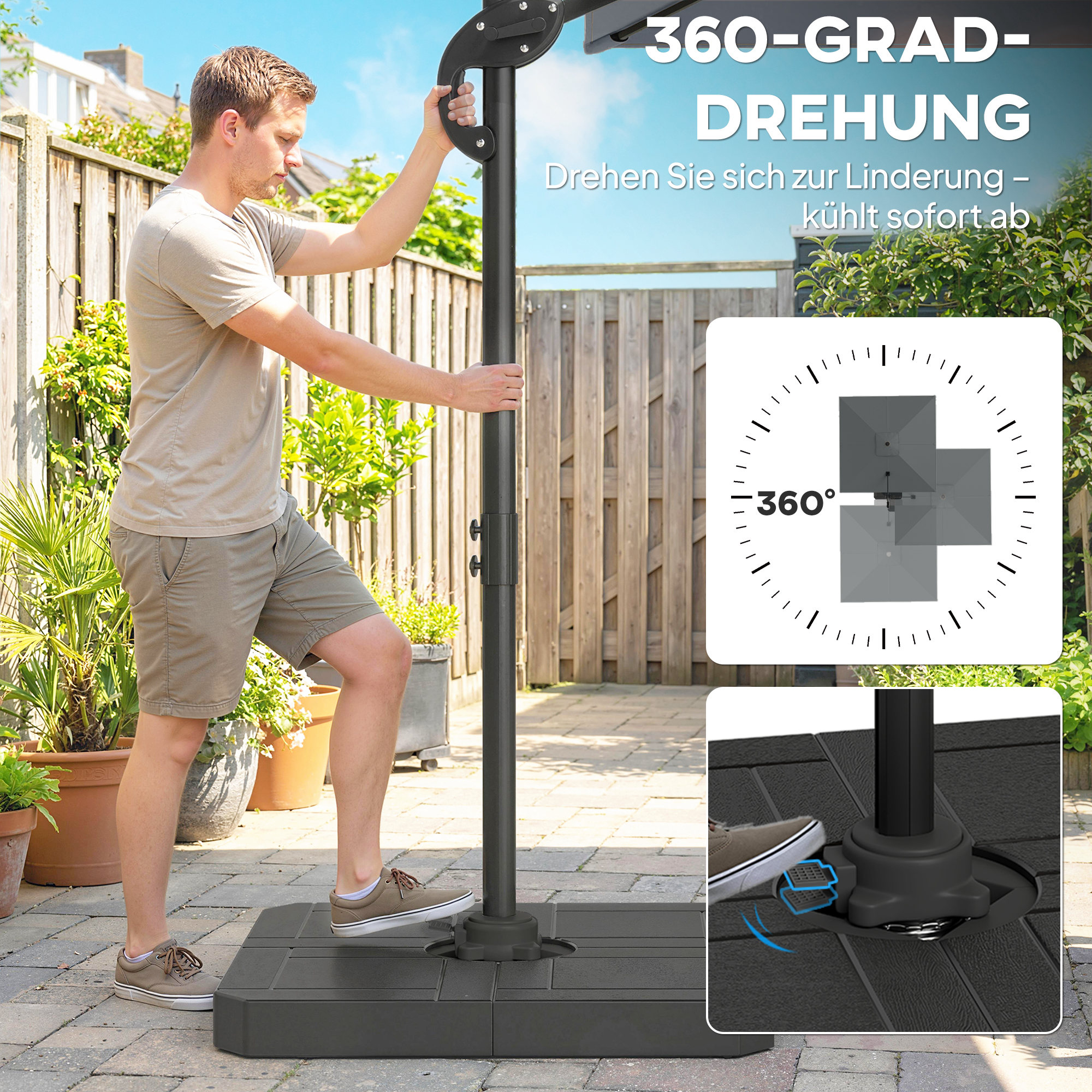 Alu Ampelschirm  Ø244cm Sonnenschirm mit Kurbel Ständer Wasserabweisend 360° drehbar Dunkelgrau