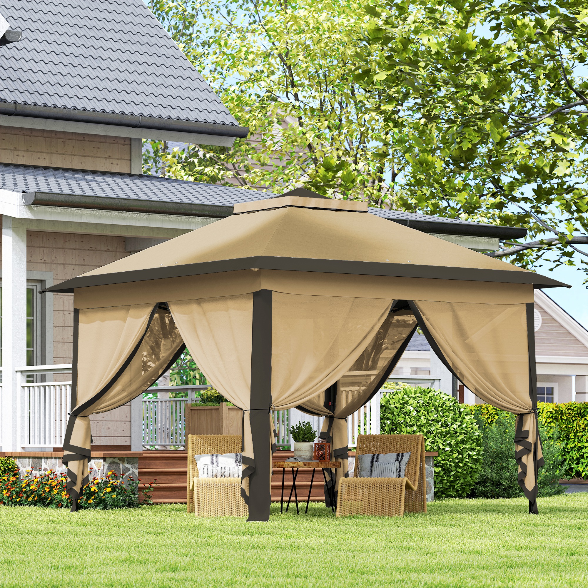 Faltpavillon, Gartenpavillon, Metall und Stoffplane, Netzvorhänge, Entwässerungslöcher, 330L x 330B x 288H cm, Beige