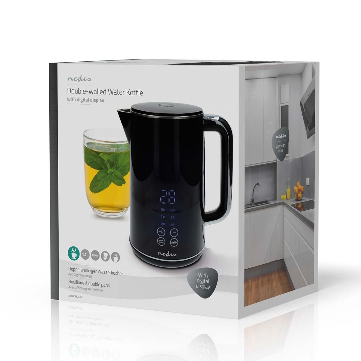 Wasserkocher | 1.7 l | Plastik | schwarz | 50,60,70,80,90,100 °C | Temperaturanzeige | Um 360 Grad drehbar | Verdecktes Heizelement | Strix Controller | Boil-dry protection