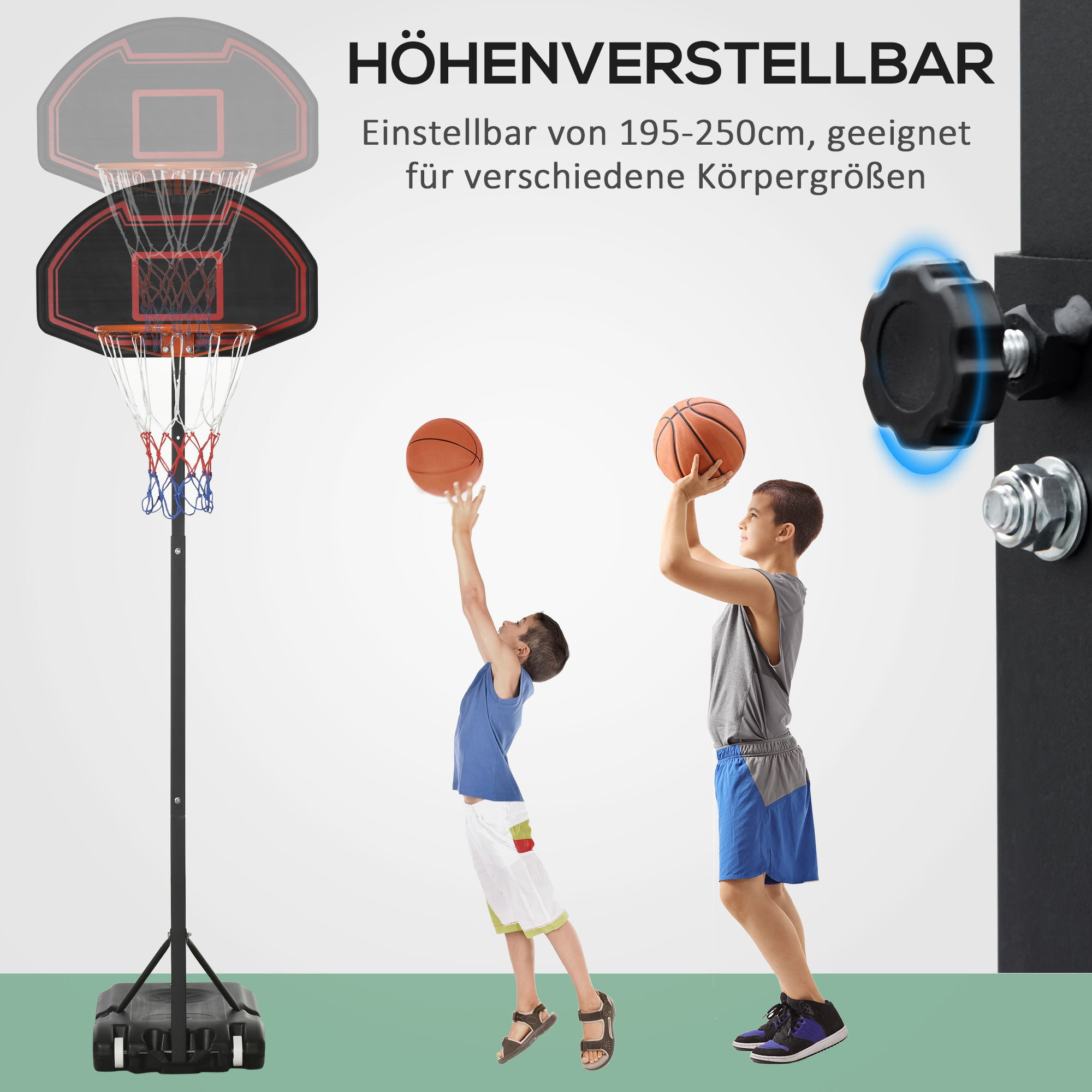 Basketballkorb, höhenverstellbar, befüllbarer Standfuß, hochstabil, schwarz, 131 x 49 x 195-250 cm