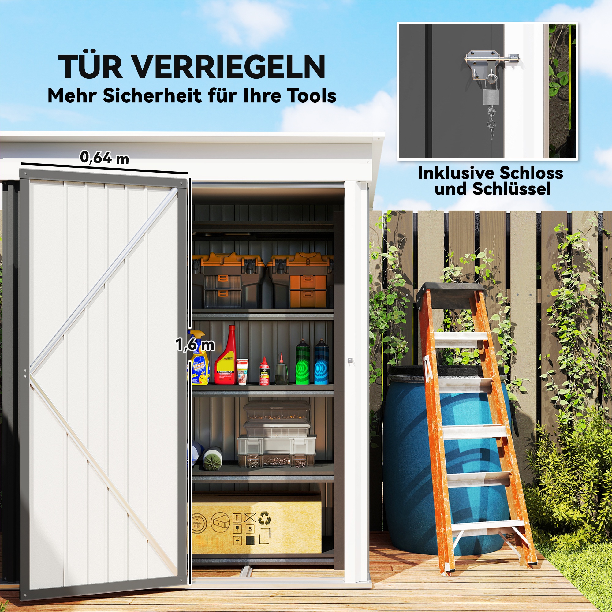 Gartenschuppen, Outdoor-Geräteschuppen aus Wellstahl, Wanddesign, verstellbare Regalböden, verschließbare Tür Dunkelgrau