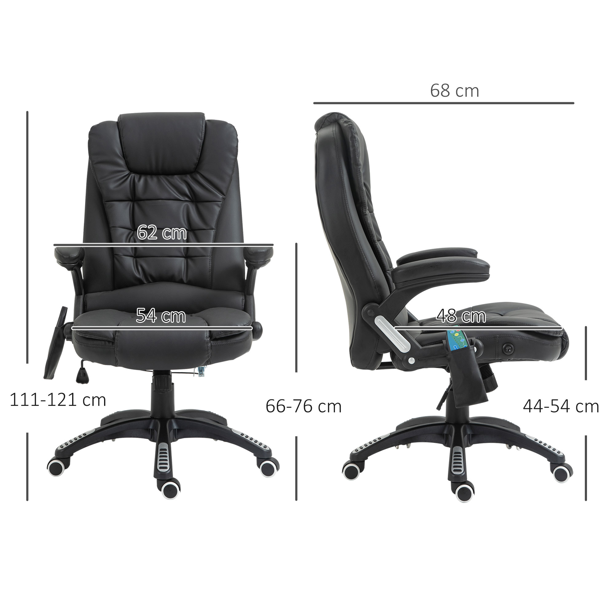 Massagesessel Bürostuhl, Chefsessel mit 6-Punkt-Vibrationsmassage und Wärmefunktion, drehbar Gaming-Stuhl, Kunstleder, 70 x 70 x 111-121 cm, Schwarz