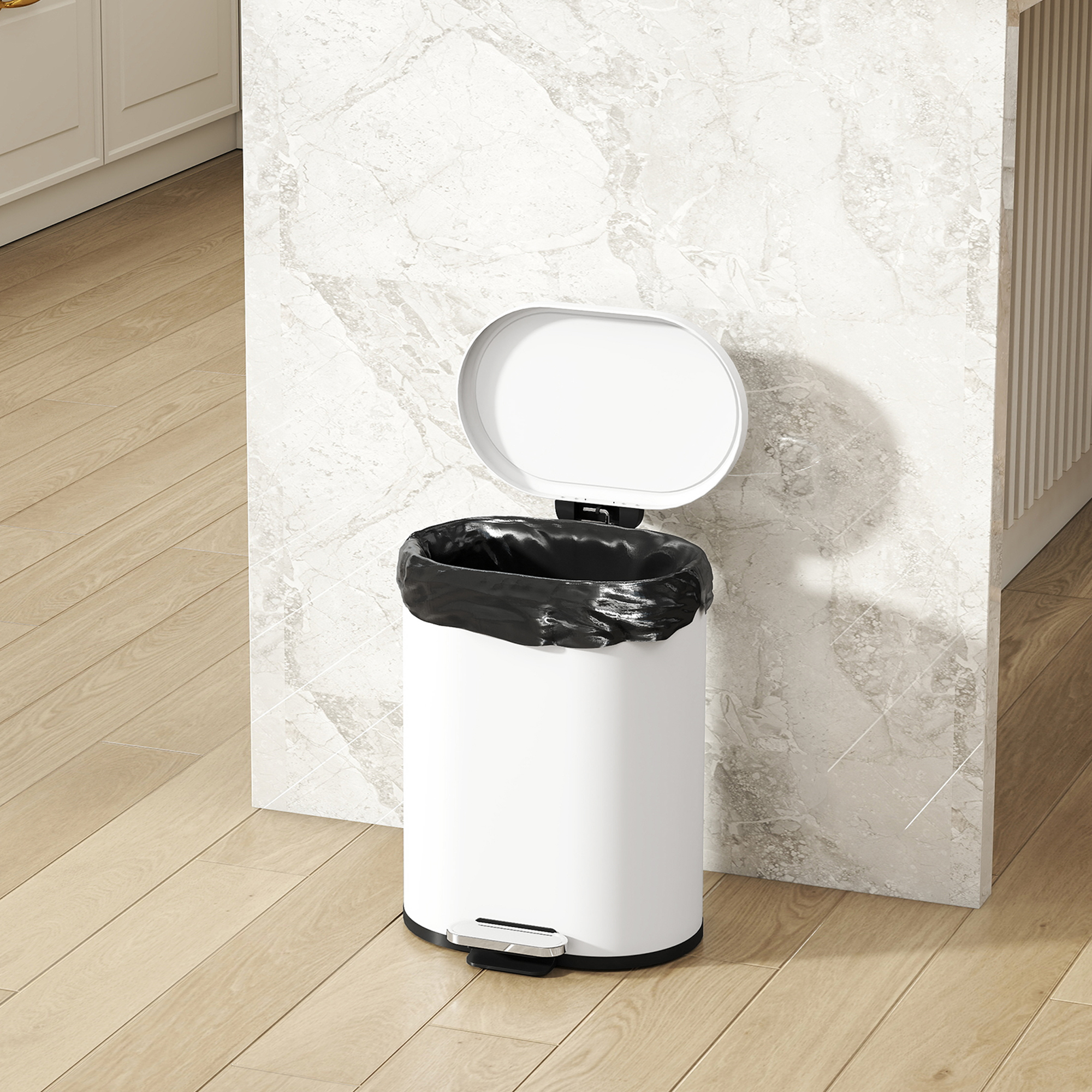 Mülleimer 12L Treteimer Abfalleimer mit Deckel, Fußpedal, Inneneimer, Soft-Close-Funktion, 30 x 25,5 x 37,5 cm, Weiß