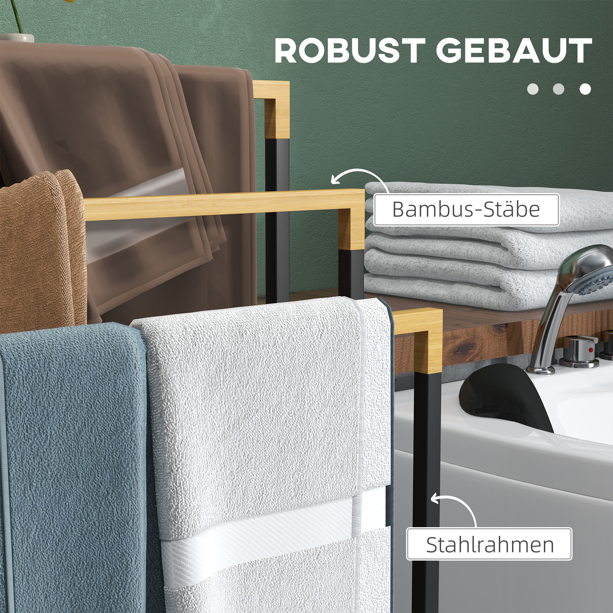 Handtuchhalter Handtuchalter-Set 3 Handtuchstangen, Industriedesign, Bambus, 45 x 22,5 x 86 cm, Schwarz + Natur