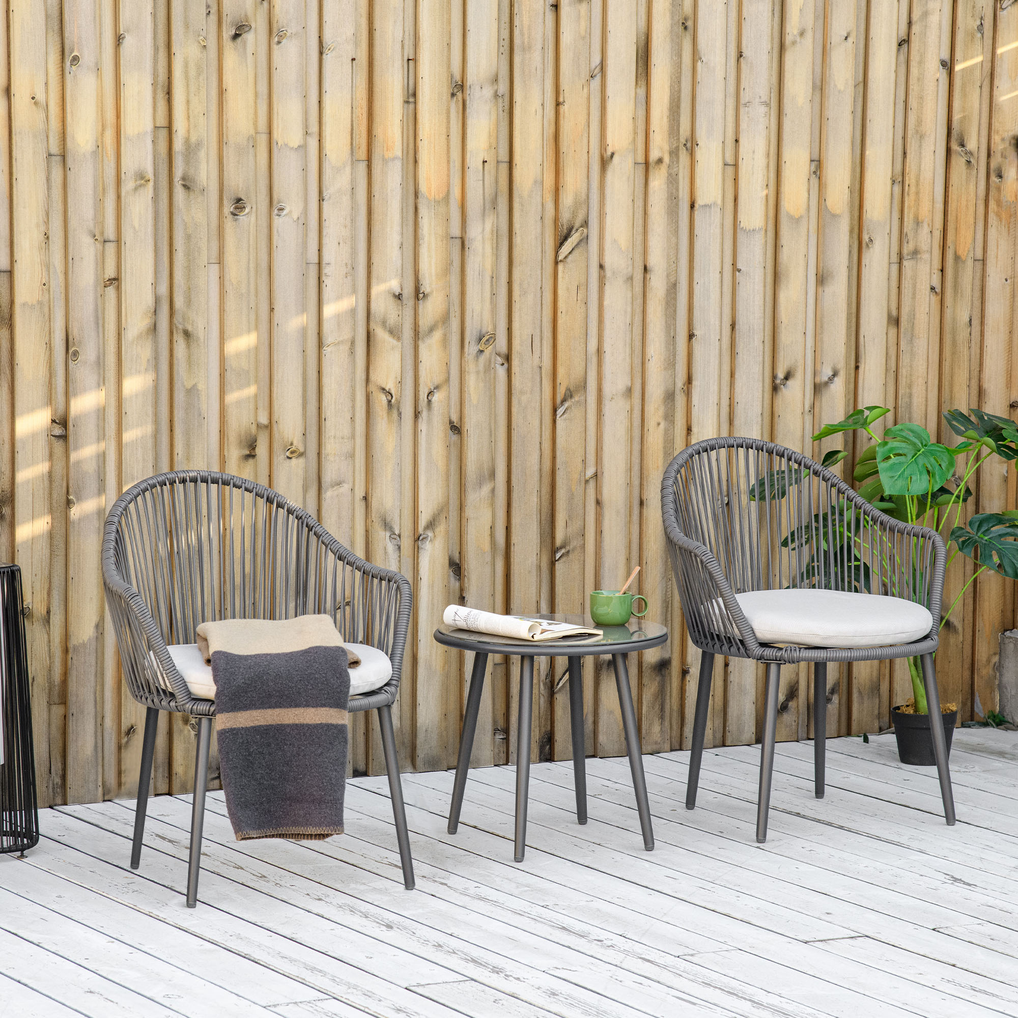Bistro-Set Rattan-Sofa-Set Terrassen-Set, 2 Stühle, 1 Tisch, wetterbeständig, 65 x 63 x 80 cm, Dunkelgrau + Hellgrau