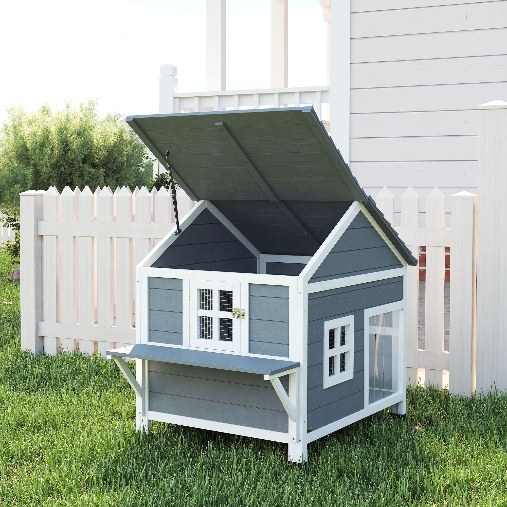 Katzenhaus aus Holz 2-Etagen Katzenhöhle mit wasserdicht aufklappbar Dach, seitlicher Plattform, 101x72,5x81cm, Grau