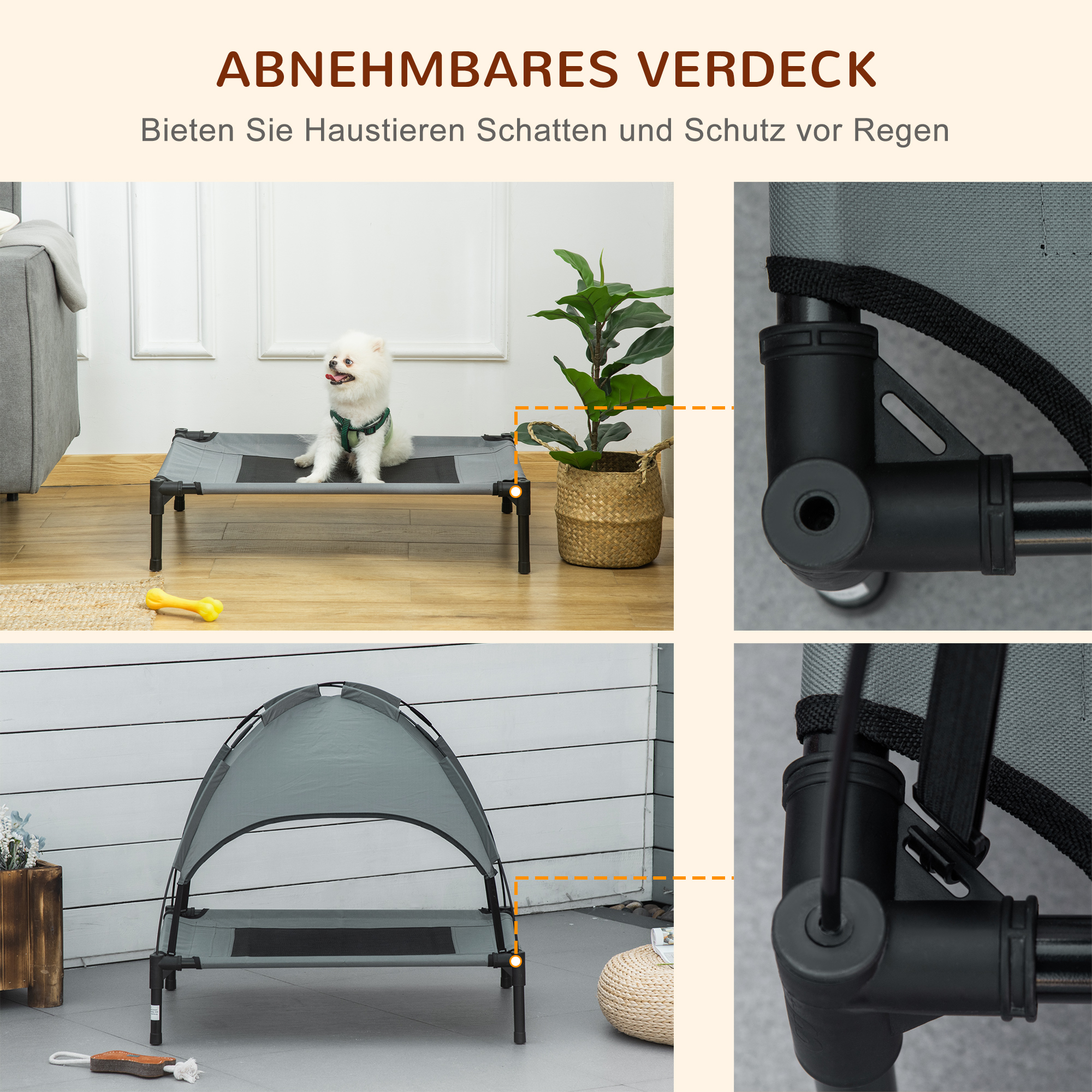 erhöhtes Hundebett mit Baldachin, Haustierbett, Hundeliege outdoor mit Dach, Atmungsaktiv, Taftstoff für Camping Grau 76 x 61 x 73 cm