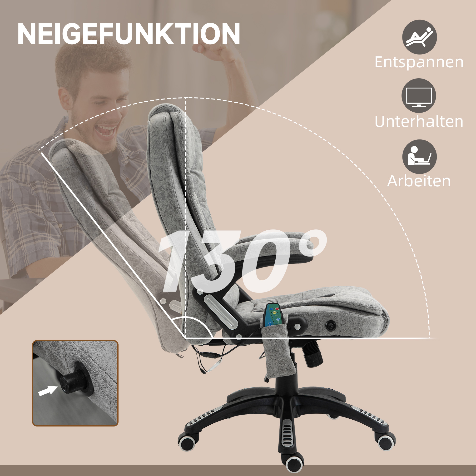 Chefsessel mit Massage- & Wärmefunktion, ergonomisch, verstellbar, bis 120kg, Grau