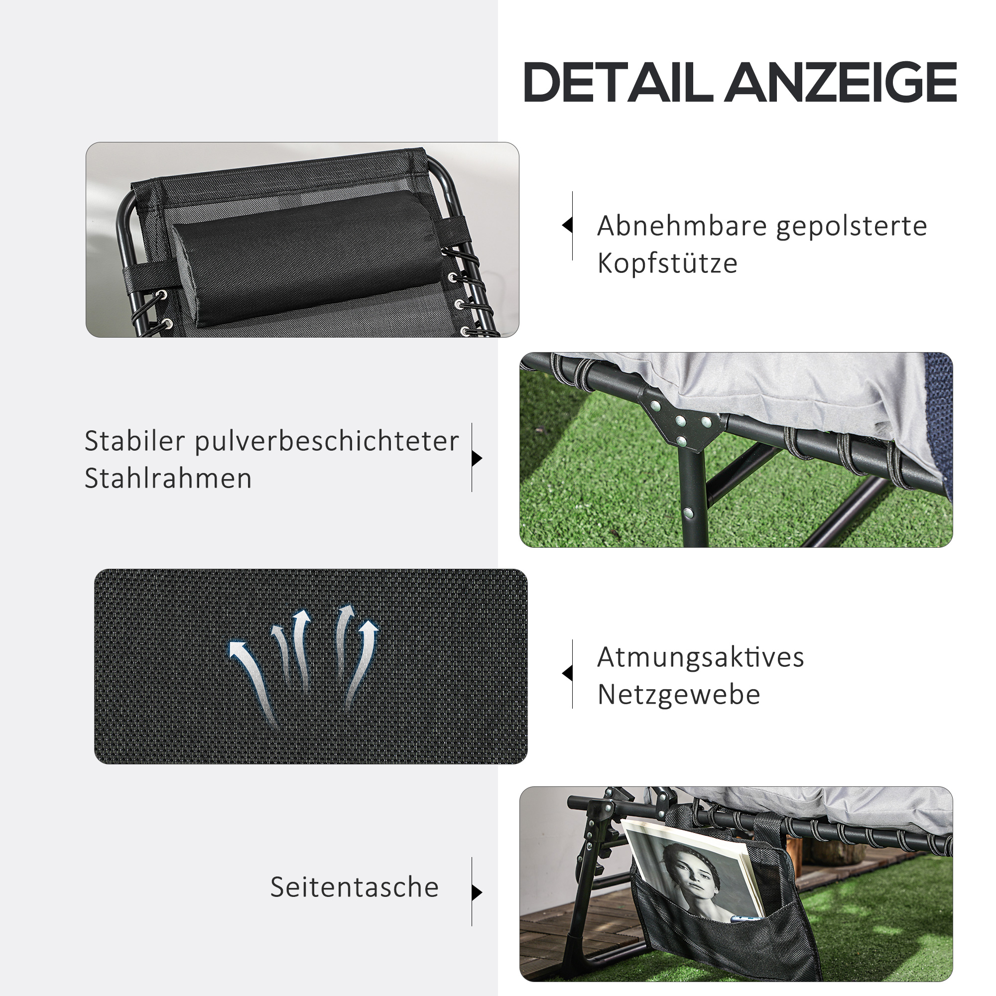 Klappliege, 5-stufig neigbare Rückenlehne, Kissen, Auflage, bis 120 kg, Stahl, hellgrau, 58 x 189 x 32,5 cm