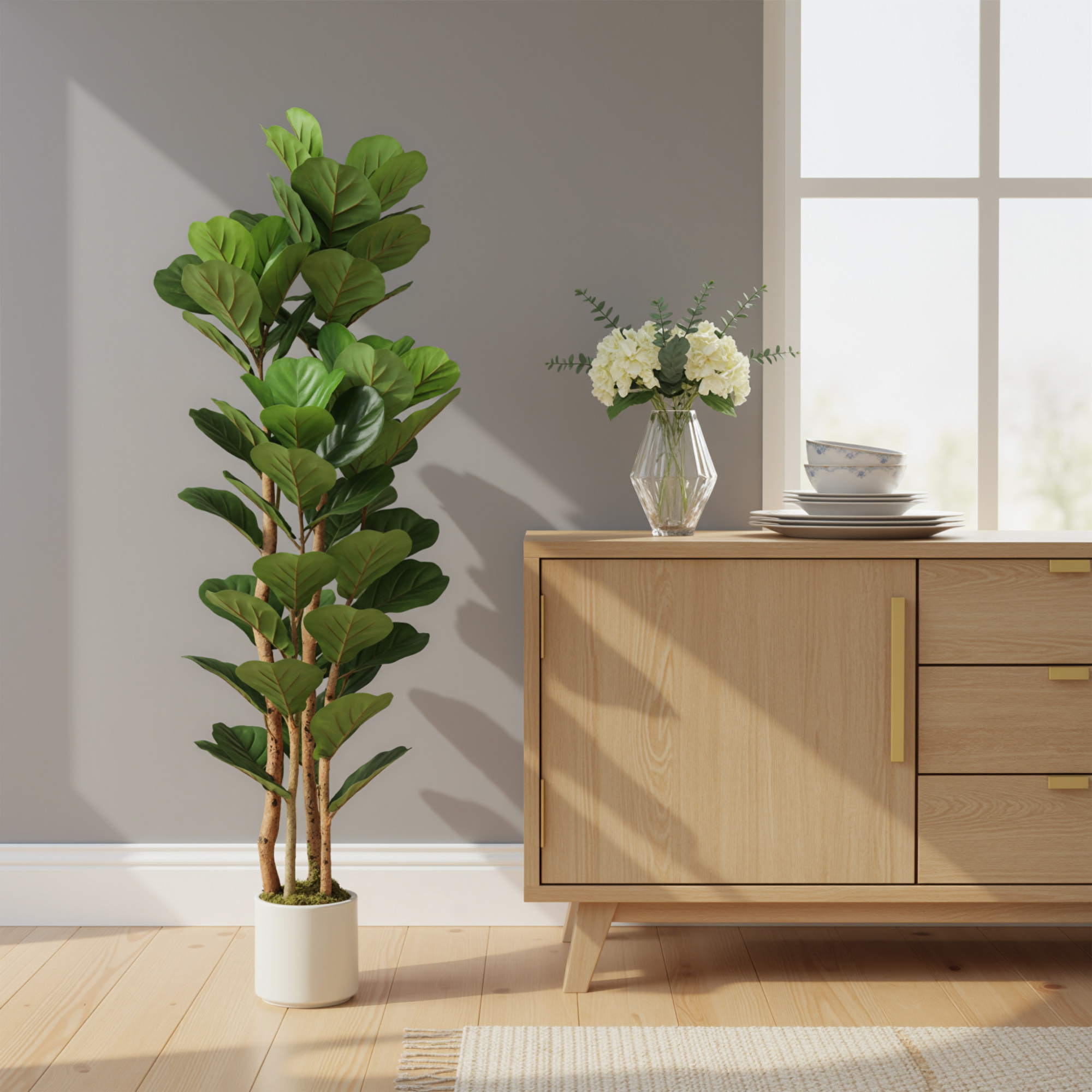 Künstlicher Geigenfeigenbaum Kunstpflanze mit 71 Blättern, Massivholzstamm, Topf, 50 x 50 x 150 cm, Grün